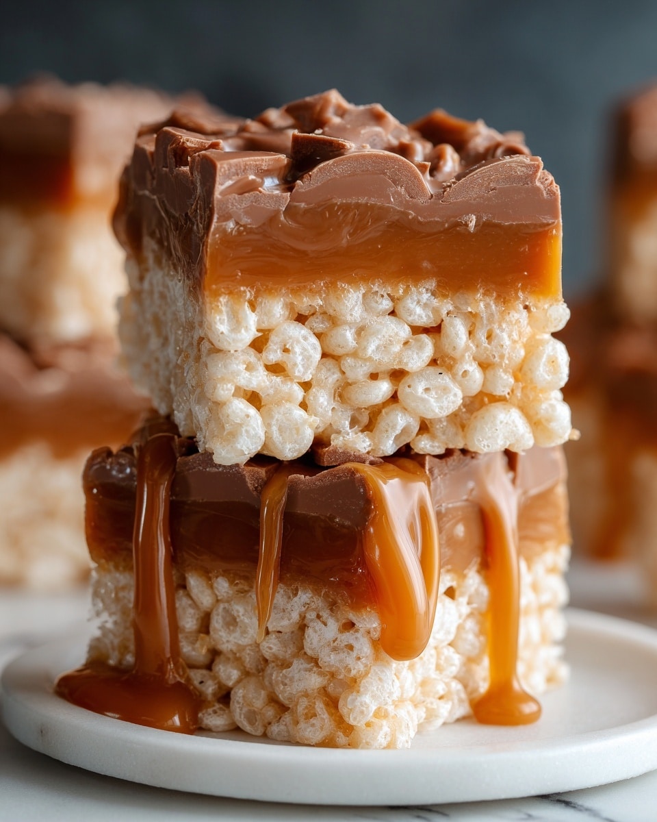 Two square bars stacked on top of each other, each bar made of three layers: the bottom layer is a light tan, puffed rice cereal held together by a sticky syrup, the middle layer is a smooth, glossy caramel flowing slightly out between the bars, and the top layer is a thick sheet of broken milk chocolate with a rough texture. They sit on a white plate with a gray marbled texture on a white marbled surface, with a blurred kitchen background in dark tones. photo taken with an iphone --ar 4:5 --v 7