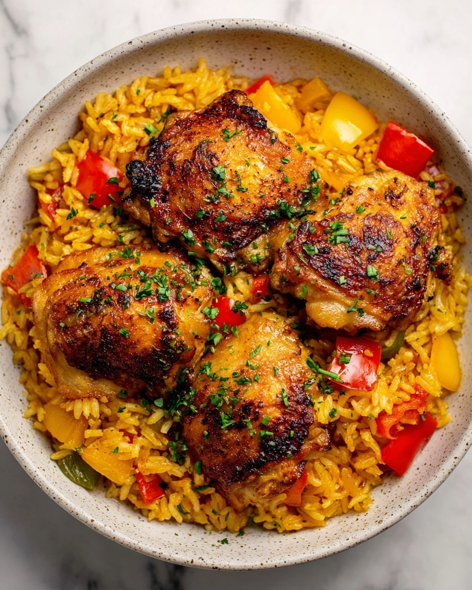 A white bowl filled with a layer of golden, cooked rice mixed with chopped red, yellow, and green bell peppers creating a colorful base; on top, five pieces of grilled chicken with a dark, crispy, and slightly charred skin, sprinkled with fresh green herbs, are placed evenly around the bowl. The rice looks moist with a slight sheen and is well mixed with vegetable chunks, while the chicken pieces have a rich, browned texture that contrasts with the vibrant peppers. The bowl sits on a white marbled surface. photo taken with an iphone --ar 4:5 --v 7
