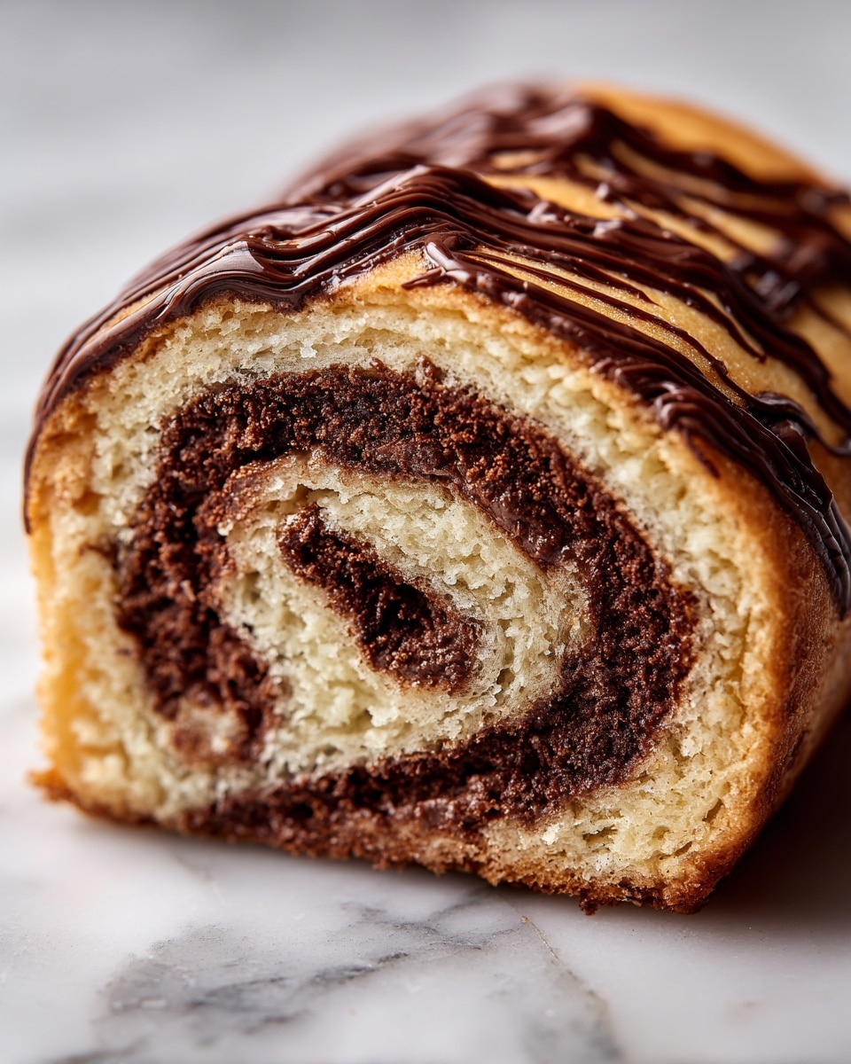 A close-up of a sliced pastry roll showing two main layers: a light golden-brown, soft bread base with a porous texture and a rich, dark chocolate spread spiraled throughout the interior and also drizzled in thin diagonal lines on top. The chocolate appears glossy and slightly melted, contrasting with the matte floury bread surface. The roll has a warm, fresh-baked look with a slightly shiny crust and soft crumb. The background is a white marbled texture. photo taken with an iphone --ar 4:5 --v 7