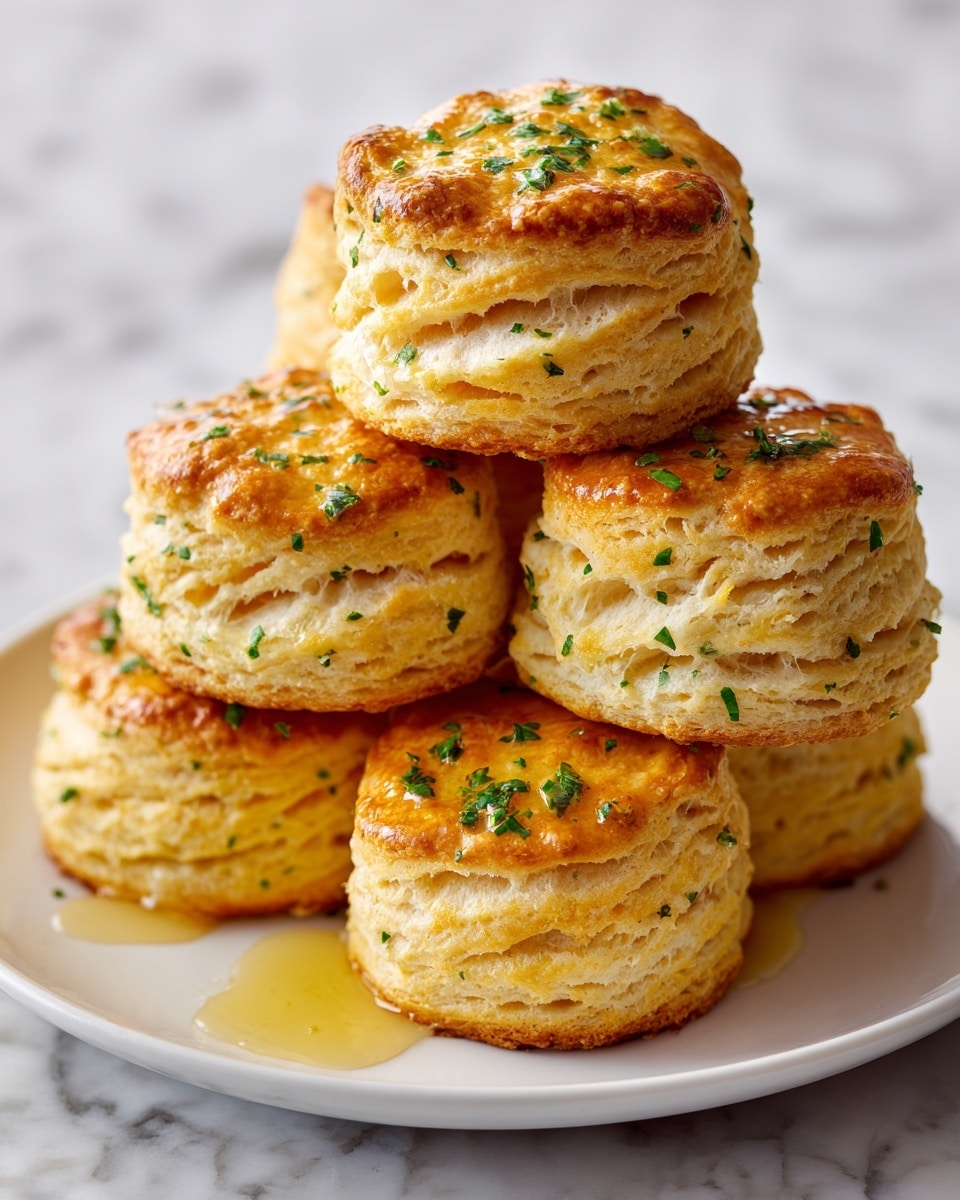 Six golden brown biscuits with a flaky texture are stacked slightly on a white plate, each biscuit showing three distinct layers. The tops of the biscuits are shiny with melted butter and sprinkled with finely chopped green herbs. The golden edges have a crisp appearance, and some melted butter pools slightly around the base on the white marbled surface beneath the plate. photo taken with an iphone --ar 4:5 --v 7