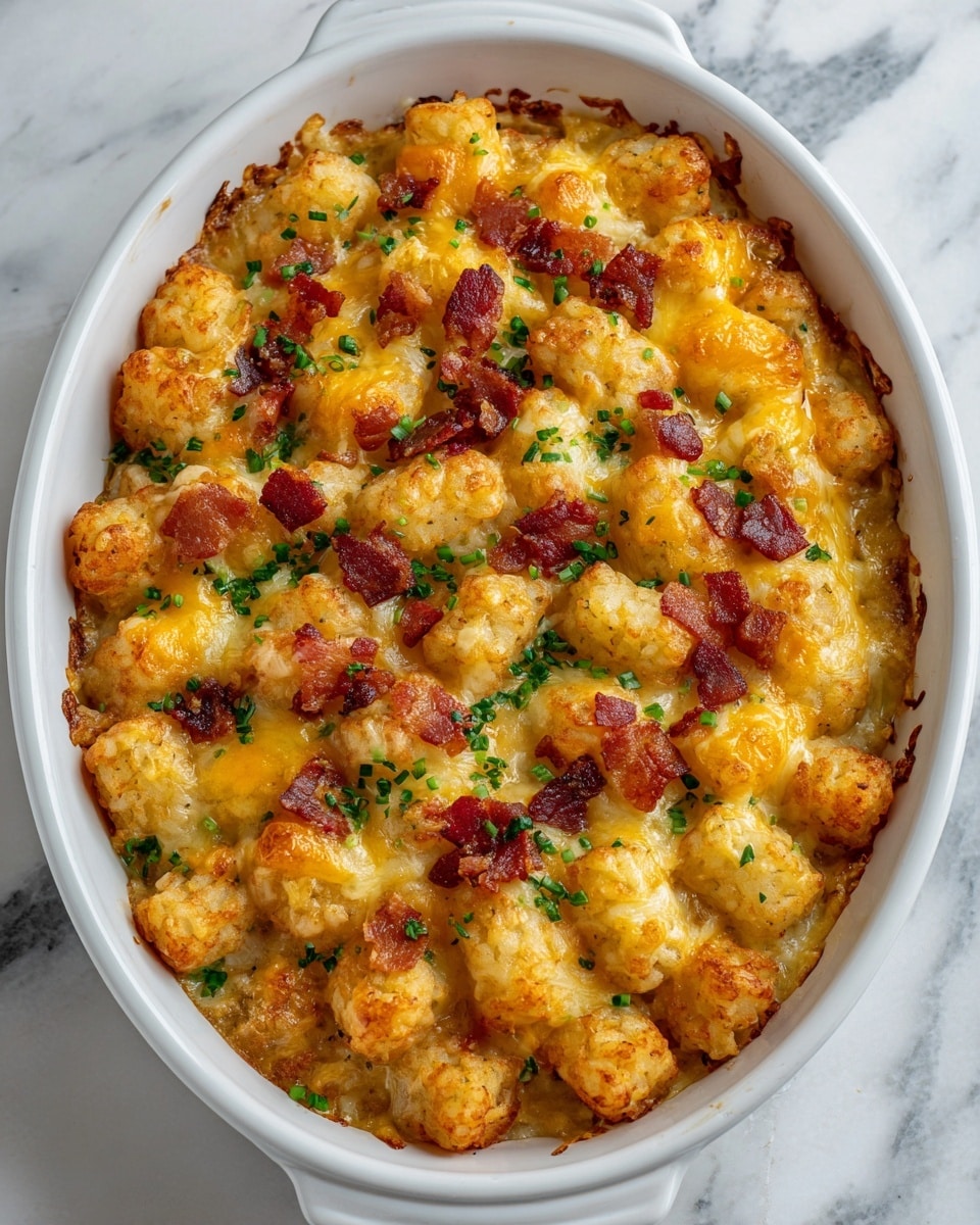 The image shows a white rectangular dish filled with a baked casserole topped with a golden layer of melted cheese that looks bubbly and slightly browned. Underneath the cheese, there are crispy tater tots arranged in a thick, even layer covering the dish's surface. Small bits of browned bacon are scattered evenly across the top, with some green herbs sprinkled lightly to add color contrast. The texture looks rich and creamy, with the cheese pulling slightly in places, showing gooeyness beneath. The dish is placed on a white marbled surface. Photo taken with an iphone --ar 4:5 --v 7