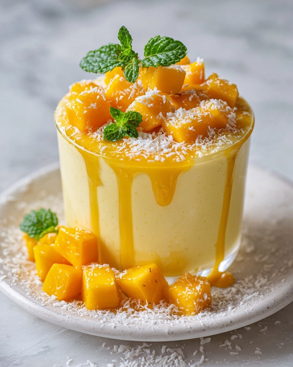 A small white bowl holds a smooth, light yellow pudding with a glossy surface. Bright yellow mango cubes are piled on top, with a thick drizzle of mango sauce running slightly down the sides. Fresh green mint leaves are placed on top for decoration. Around the bowl on the white plate, more mango cubes and a sprinkle of fine white coconut flakes are arranged. The background is a white marbled texture. Photo taken with an iphone --ar 4:5 --v 7