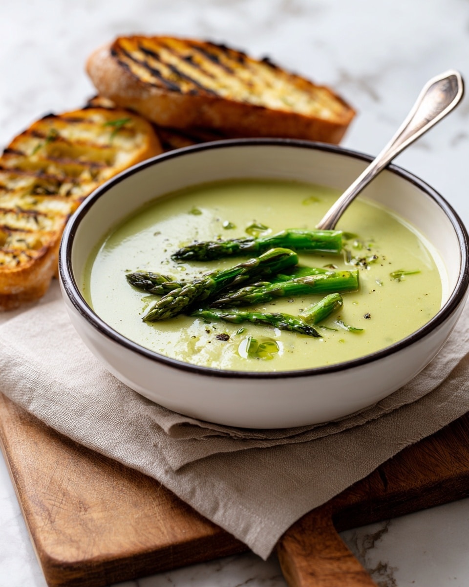 A white bowl with a thin black rim holds a light green creamy asparagus soup with a smooth texture, topped with a small bundle of bright green asparagus tips slightly resting on a silver spoon placed inside the soup. The bowl is set on a beige cloth napkin which is on a wooden cutting board, next to two slices of grilled bread with visible herbs and grill marks. The scene is placed on a white marbled surface. photo taken with an iphone --ar 4:5 --v 7
