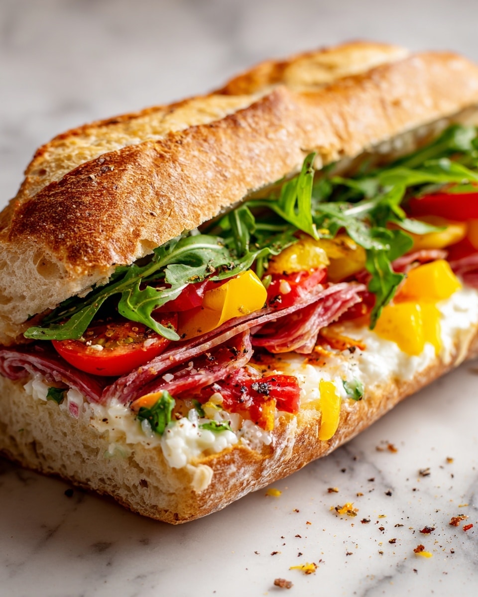 A close-up of a sandwich with five visible layers inside a light brown, soft bread roll split open. The bottom layer shows yellow-orange strips of roasted bell peppers. Above that is a melted white cheese layer with small black pepper flakes on top, followed by thin slices of red cured meat. On top of the meat are bright red cherry tomatoes and green arugula leaves scattered lightly, adding a fresh look. All of this is placed on a white marbled surface. Photo taken with an iphone --ar 4:5 --v 7