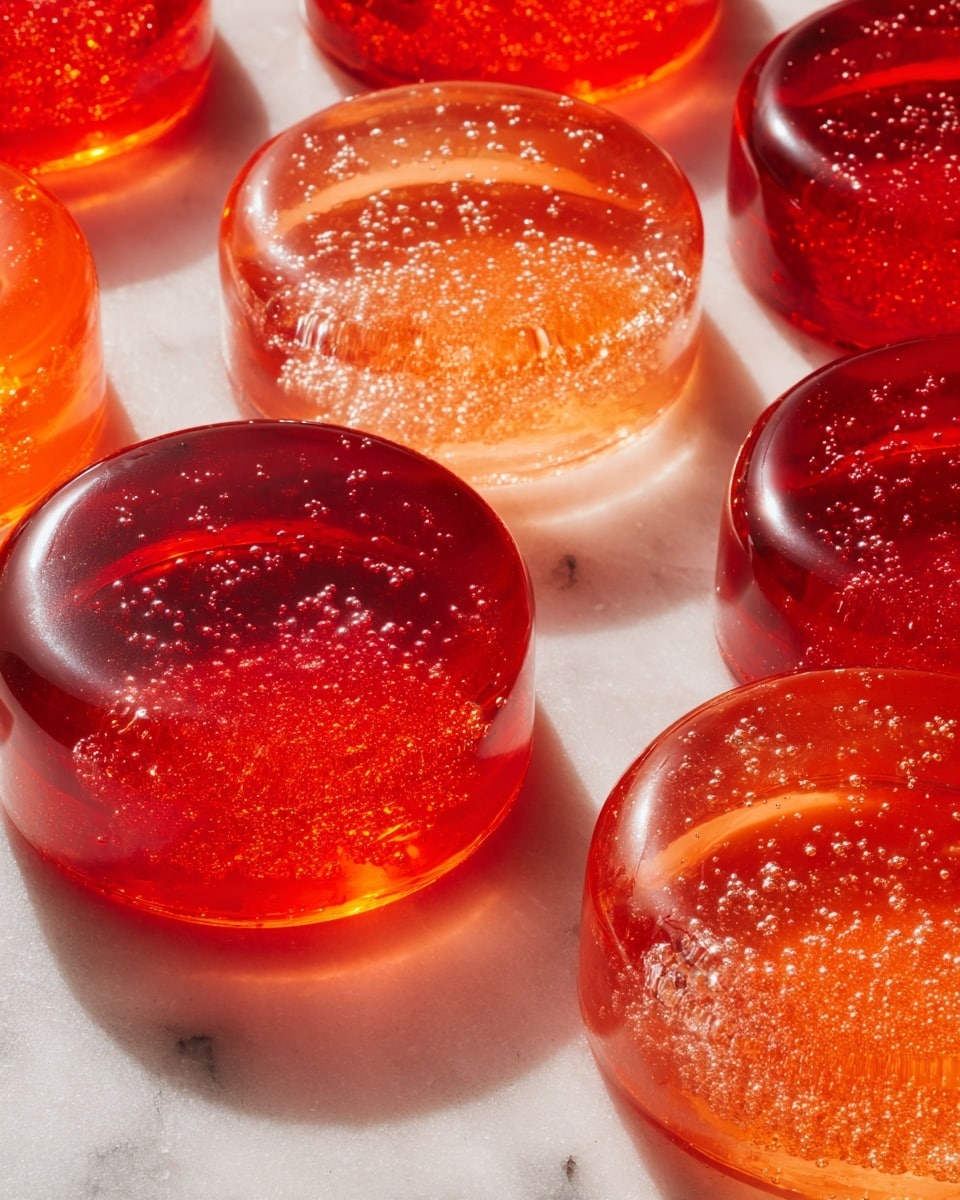 The image shows a close-up view of several clear plastic cups filled with sparkling beverages, arranged tightly together on a white marbled surface. The cups contain two different colors of drink: bright red and golden yellow, each topped with many small bubbles that add a glittering texture. The red drinks appear in the foreground and to the left, shimmering under the light, while the golden drinks are mainly in the background and to the right, also bubbling with tiny fizz. The focus of the image highlights the glossy, wet surface of the drinks and the reflections on the clear plastic rim of each cup. photo taken with an iphone --ar 4:5 --v 7