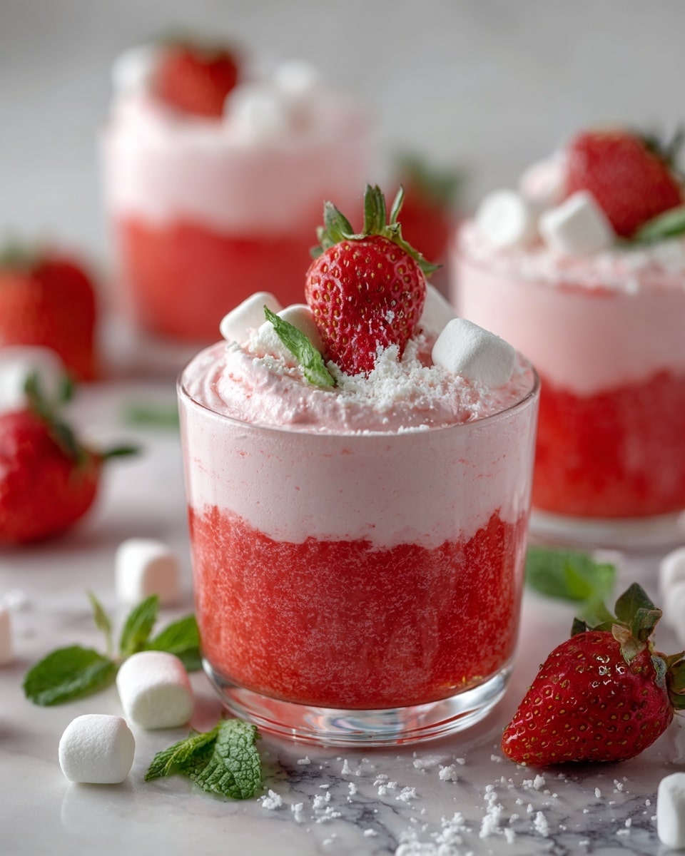 The image shows a clear glass filled with two layers: the bottom layer is a bright red, slightly chunky strawberry puree, and the top layer is a thick, fluffy light pink cream. On top of the cream sits a fresh whole strawberry with its green leaf, accompanied by two small white marshmallows. In the background, two similar glasses with the same layers and garnishes can be seen slightly out of focus, surrounded by fresh strawberries and some scattered small white marshmallows on a white marbled surface. Photo taken with an iphone --ar 4:5 --v 7