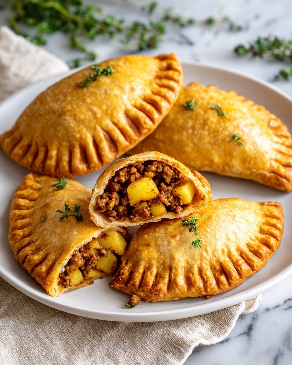 The image shows four golden-brown baked empanadas on a white plate. Three empanadas are whole with a crisp, shiny crust and detailed crimped edges, while one is cut open to reveal a filling of cooked ground meat and yellow potato chunks inside. Small green herb leaves are scattered on top of the empanadas and plate. The background is a white marbled texture with some green herbs slightly blurred, and a piece of beige fabric is placed near the plate. Photo taken with an iphone --ar 4:5 --v 7