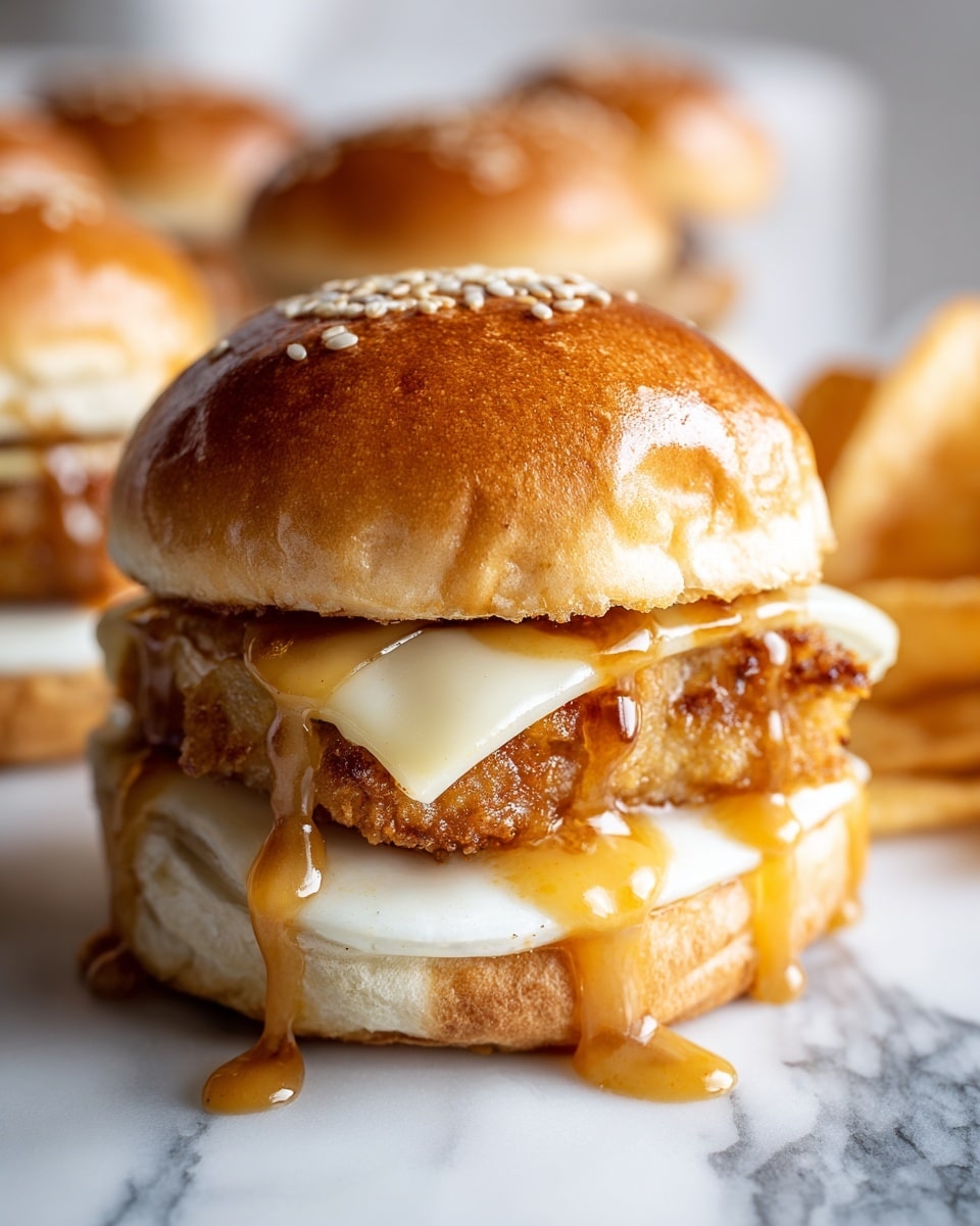 The image shows a close-up of a Bang Bang Chicken slider with three visible layers. The bottom layer is a soft, golden sesame seed bun with a slightly glossy texture. On top of the bun is a crispy, golden-brown fried chicken patty with a rough, crunchy crust. Above the chicken is a slice of melted white cheese, smooth and slightly melted over the edges of the patty. The top layer is a thick, creamy orange sauce with specks of spices, dripping down the sides of the chicken and cheese. The slider is set on a white marbled surface with some crispy potato chips blurred in the background. Photo taken with an iphone --ar 4:5 --v 7
