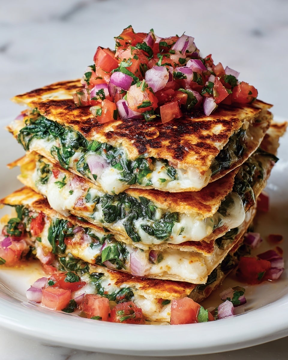 The image shows a stack of six triangular quesadilla slices arranged on a white plate with a white marbled texture beneath. Each quesadilla slice has three layers: the outer layer is a golden-brown, slightly toasted tortilla with darker charred spots, the middle layer features a mixture of creamy white cheese and bright green spinach leaves, and the top layer is a colorful garnish of finely chopped red tomatoes, purple onions, and fresh green herbs. The quesadilla slices are overlapping each other, creating a textured and inviting look with bits of filling peeking out. Photo taken with an iphone --ar 4:5 --v 7