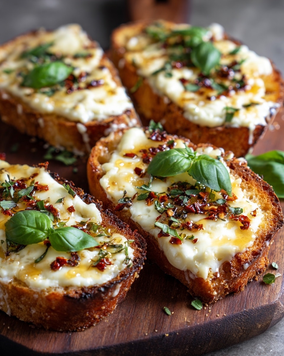 Four thick slices of toasted bread are arranged closely on a dark wooden board, each slice layered with a melted white cheese that covers the top fully and has a gooey, slightly bubbly texture. A shiny layer of golden honey is drizzled over the cheese, pooling slightly at the edges. Small dried red chili flakes and green herb bits are scattered across the surface, with fresh dark green basil leaves placed neatly on top of each slice. The bread edges are golden brown and crisp. Photo taken with an iphone --ar 4:5 --v 7
