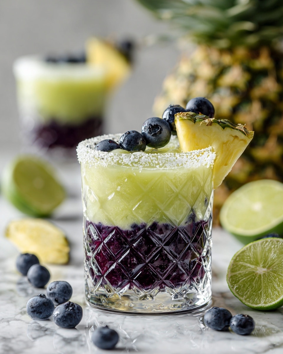A short clear glass with a diamond cut pattern holds a two-layer drink. The bottom layer is a deep purple filled with blueberries, and the top layer is a pale yellow-green that looks smooth and juicy. The glass rim is covered with coarse sugar, and on top, there are two fresh blueberries and a wedge of pineapple on the edge. In the background, there is a whole pineapple with green leaves and another glass with the same drink slightly out of focus, all placed on a white marbled surface with lime wedges and extra blueberries scattered around. photo taken with an iphone --ar 4:5 --v 7