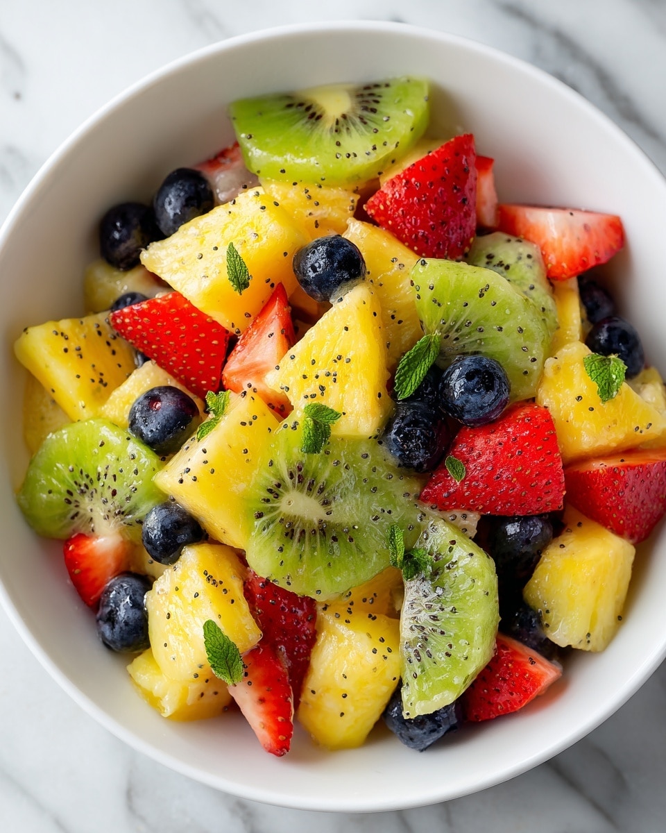 A close-up view of a fresh fruit salad in a white bowl on a white marbled texture. The salad has three main layers of colorful fruits: bright yellow pineapple chunks that look juicy and shiny, red strawberry halves showing their small seeds and smooth texture, and round dark blue blueberries scattered evenly. Thin round green kiwi slices with tiny black seeds and a light fuzzy peel are mixed throughout. The fruits are sprinkled with small green mint leaves and tiny black seeds, adding contrast and freshness. The overall look is vibrant, wet, and appetizing, with the fruits piled high filling the bowl fully. Photo taken with an iphone --ar 4:5 --v 7