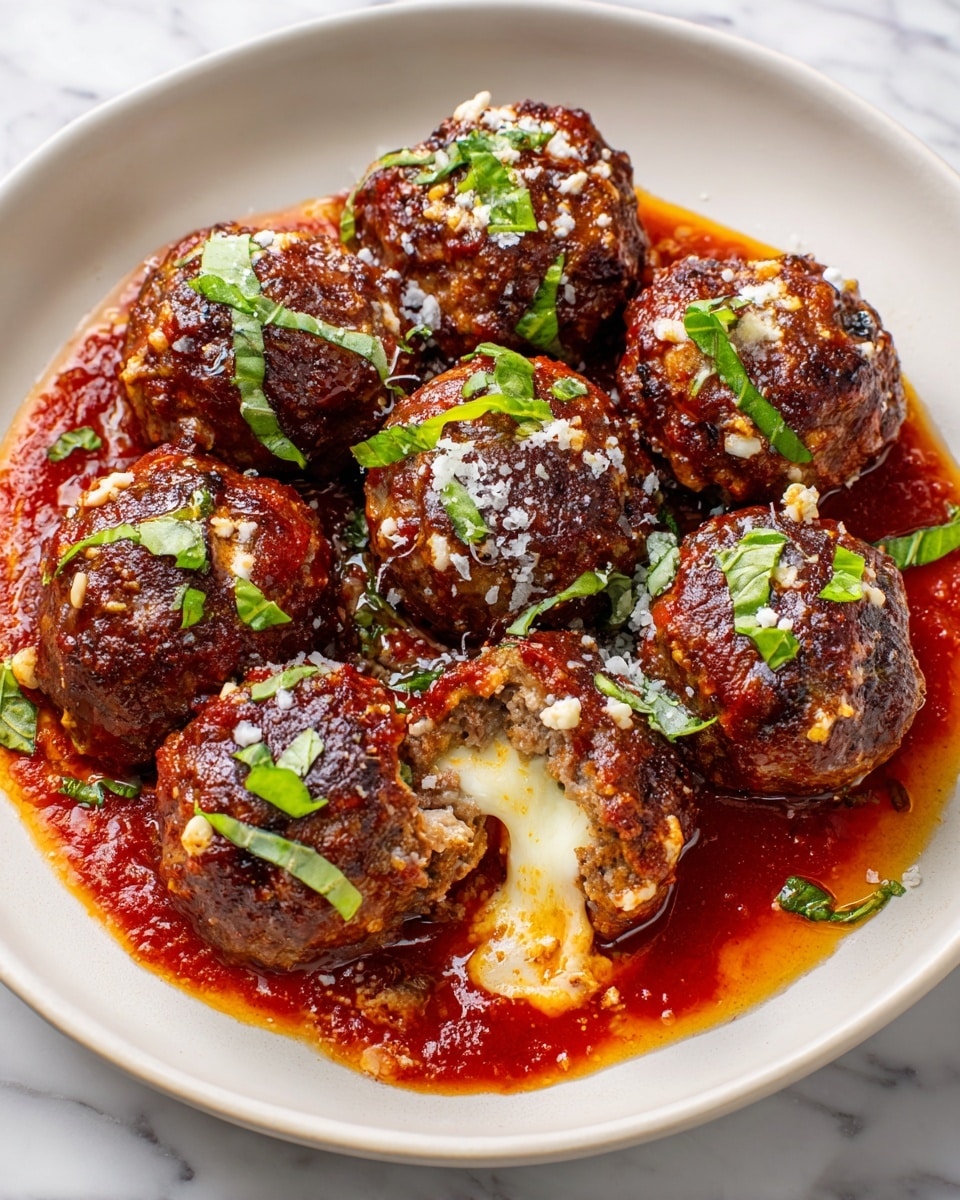 The image shows a white plate filled with eight browned meatballs sitting in a rich red tomato sauce. Each meatball is topped with small green basil pieces and sprinkled with grated white cheese. One meatball in the front is split open, revealing a gooey, melted white cheese inside that stretches slightly. The tomato sauce glistens around the meatballs, with a bit of oil reflecting light. The plate sits on a white marbled surface, and the colors focus on warm reds, browns, fresh greens, and creamy whites. photo taken with an iphone --ar 4:5 --v 7