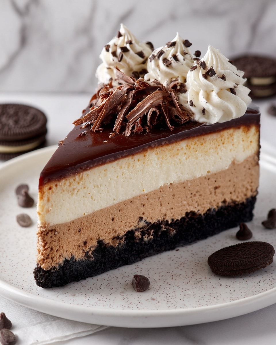 A slice of cheesecake with four distinct layers is shown on a white plate. The bottom layer is a dark, crumbly Oreo crust. Above it is a creamy white layer of classic cheesecake. The next layer is a light brown, smooth chocolate cheesecake. On top, there is a thick, glossy chocolate ganache layer. The cake is decorated with two large swirls of white whipped cream topped with dark chocolate shavings, and extra chocolate shavings and chocolate chips are sprinkled near the whipped cream. One Oreo cookie half lies on the plate beside the cake. The background shows a white marbled texture and a blurred white cup at the back. Photo taken with an iphone --ar 4:5 --v 7