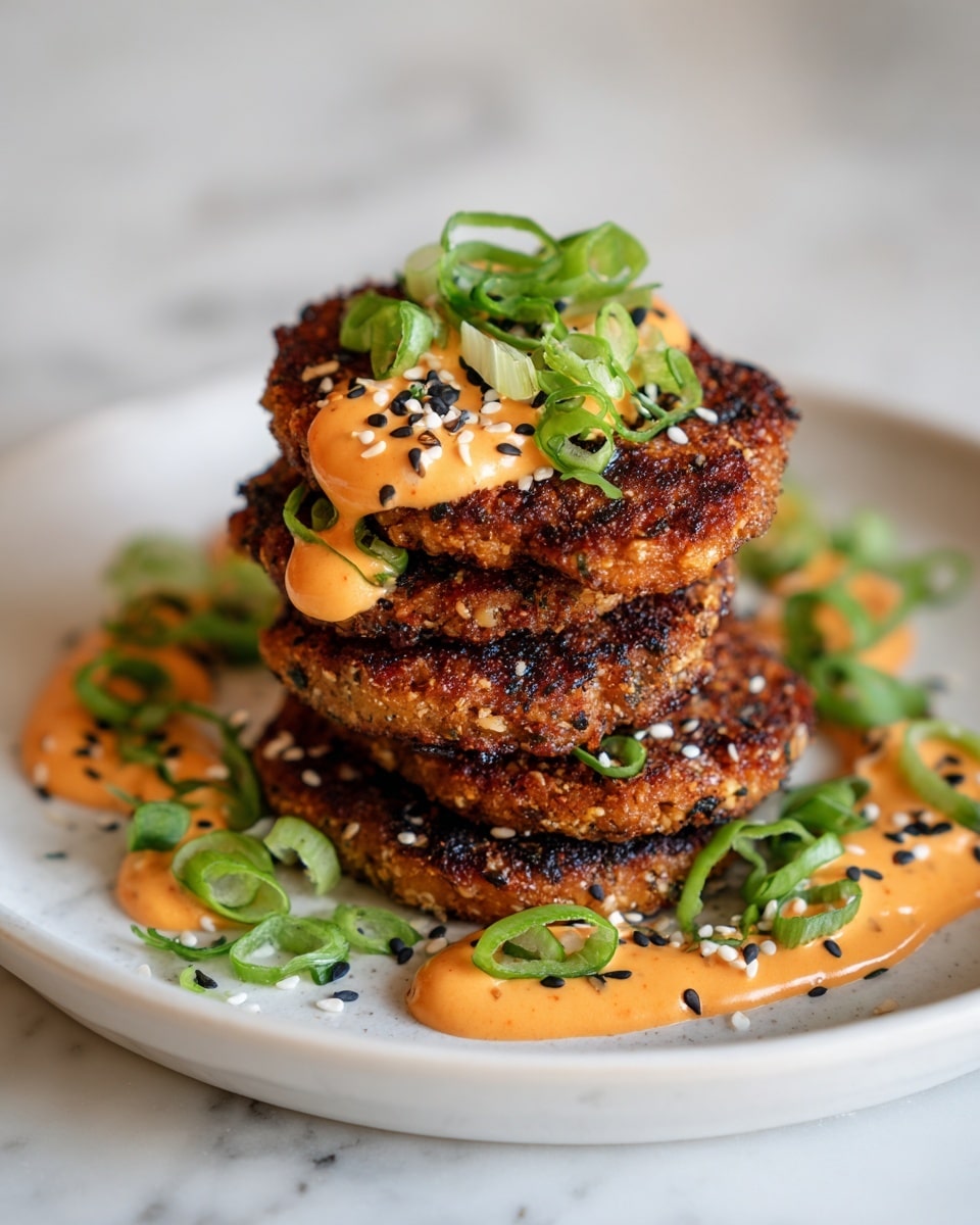A stack of six crispy patties with a golden brown crust and slightly uneven textured edges are placed on a white plate, layered unevenly with some overlapping and some leaning. Each patty has a dollop of bright orange creamy sauce on top, sprinkled with black and white sesame seeds. Fresh green chopped scallions are scattered generously over the patties and around the plate, adding a fresh crunchy look. The plate rests on a white marbled surface, and strong natural light highlights the contrast between the golden brown crust, orange sauce, and green scallions, making the dish look warm and inviting. photo taken with an iphone --ar 4:5 --v 7