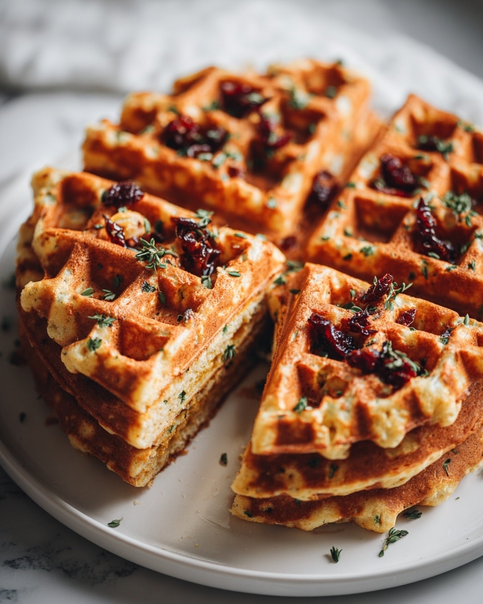 A round waffle cut into six large pieces sits on a white plate placed on a white marbled surface. The waffle has a golden-brown color with a slightly crispy texture visible on the surface, and it is sprinkled with small bits of green herbs and dark red dried fruit pieces on top. The edges of the waffle are thick and slightly puffed, showing a soft and airy interior. The stack is only one layer, focusing on the detailed texture of the waffle and toppings evenly scattered. photo taken with an iphone --ar 4:5 --v 7