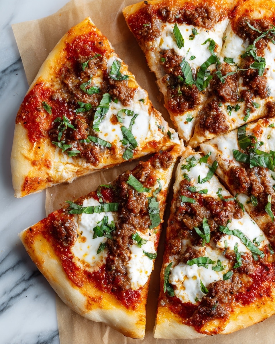 A close-up view of a pizza cut into four slices placed on brown parchment paper over a white marbled surface. The pizza has one visible layer of golden-brown crust topped with a rich red tomato sauce spread evenly, followed by cooked minced sausage with a textured, browned appearance. Dollops of melted white cheese are scattered around, and fresh green basil leaves sit on top, adding a pop of color. There is a shiny drizzle of golden oil reflecting light across the surface of the pizza photo taken with an iphone --ar 4:5 --v 7