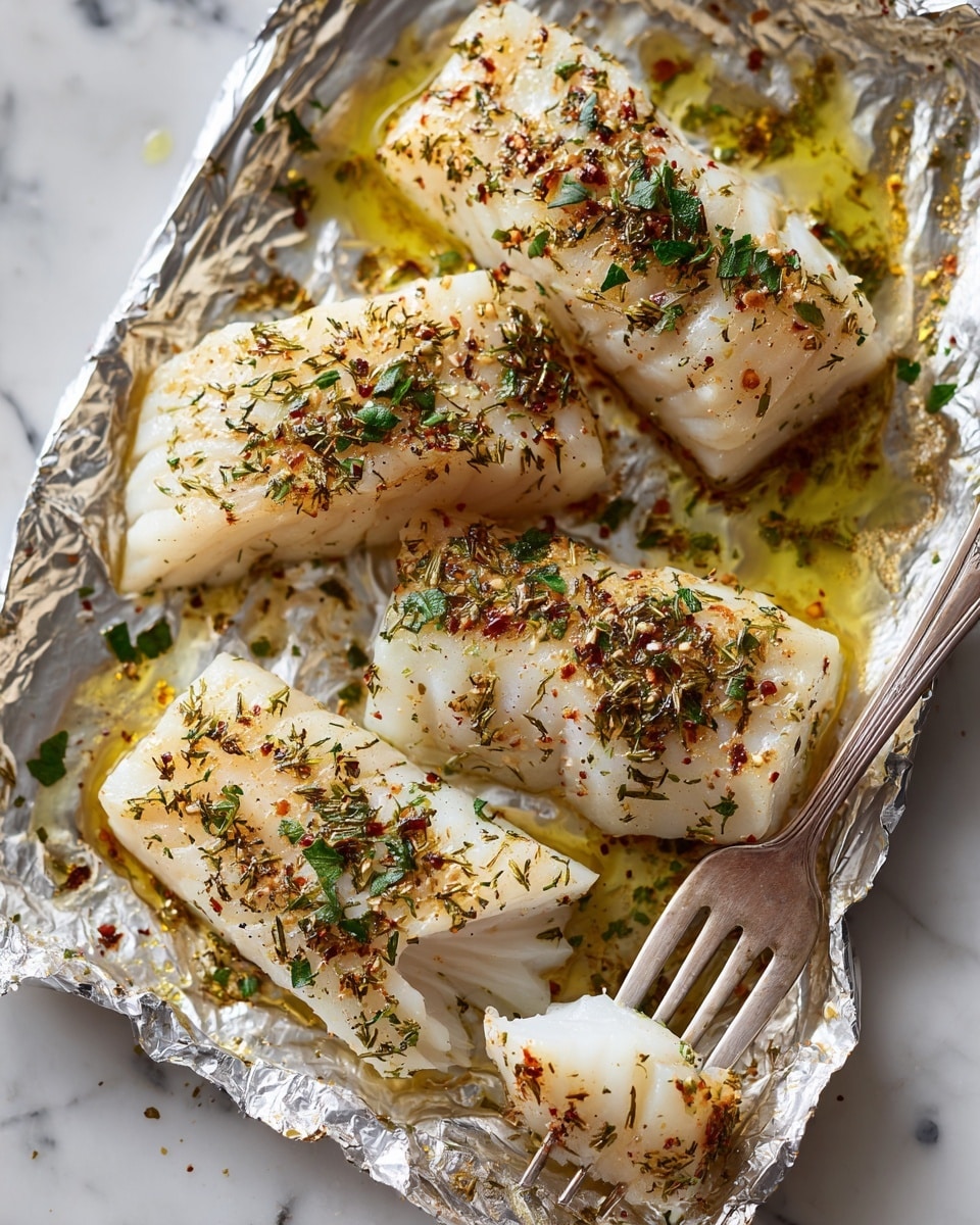 The image shows four pieces of cooked white fish fillets placed on a silver foil sheet with golden oil drizzles around them, and sprinkled with dried green herbs and brown spices. Each fillet has a lightly browned surface with visible seasoning, and the texture looks tender and flaky, especially noticeable on the fillet at the bottom where a fork is gently pulling a small piece apart. The background is a white marbled texture. Photo taken with an iphone --ar 4:5 --v 7