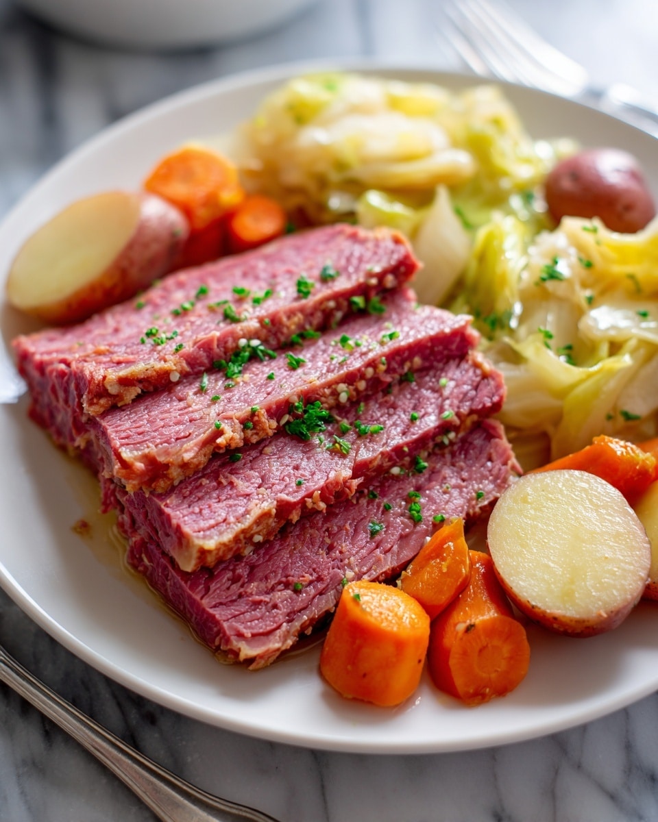 A white plate holds three thick slices of pink corned beef stacked in the center, sprinkled with small bits of green herbs. Surrounding the meat are pieces of light yellow cooked cabbage with a soft, slightly shiny texture, several bright orange carrot sticks, and whole small potatoes in shades of brown and yellow, some cut in half to show their smooth, moist insides. The plate rests on a white marbled surface, with a fork visible at the edge. Photo taken with an iphone --ar 4:5 --v 7