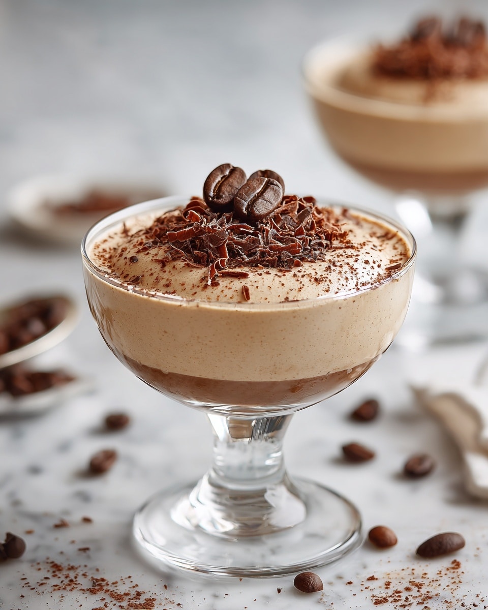A clear glass dessert cup holds a smooth, creamy light brown mousse filling the cup to the top. The top layer is decorated with a diagonal split; one half is dusted with fine dark brown cocoa powder and topped with two whole coffee beans, while the other half is covered with curly dark chocolate shavings. The glass cup sits on a white marbled surface, surrounded by scattered coffee beans and an out-of-focus similar dessert in the background. Photo taken with an iphone --ar 4:5 --v 7