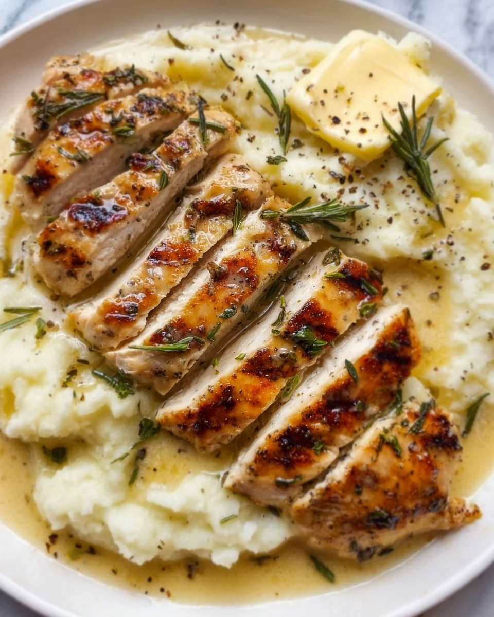 The image shows a white plate with a grilled chicken breast sliced into about five pieces, each piece showing golden brown grill marks and some herbs on top. To the side is a serving of creamy mashed potatoes with a small piece of melting butter on top, sprinkled with black pepper. The chicken is surrounded by a light, creamy sauce that adds a glossy texture to the dish. The plate is set against a white marbled surface. photo taken with an iphone --ar 4:5 --v 7