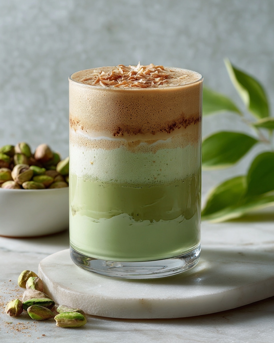 A clear glass holds a two-layered drink set on a round white marble base. The bottom layer is a light green, smooth and creamy liquid, making up most of the glass height. Above this is a thinner layer of light tan topped with small ice cubes peeking through. The drink is finished with a sprinkling of fine golden-brown shredded garnish on top. The backdrop is a white marbled texture with some pistachios scattered around and a small white bowl filled with pistachios placed behind the glass, along with some soft green leaves in the background. Photo taken with an iphone --ar 4:5 --v 7