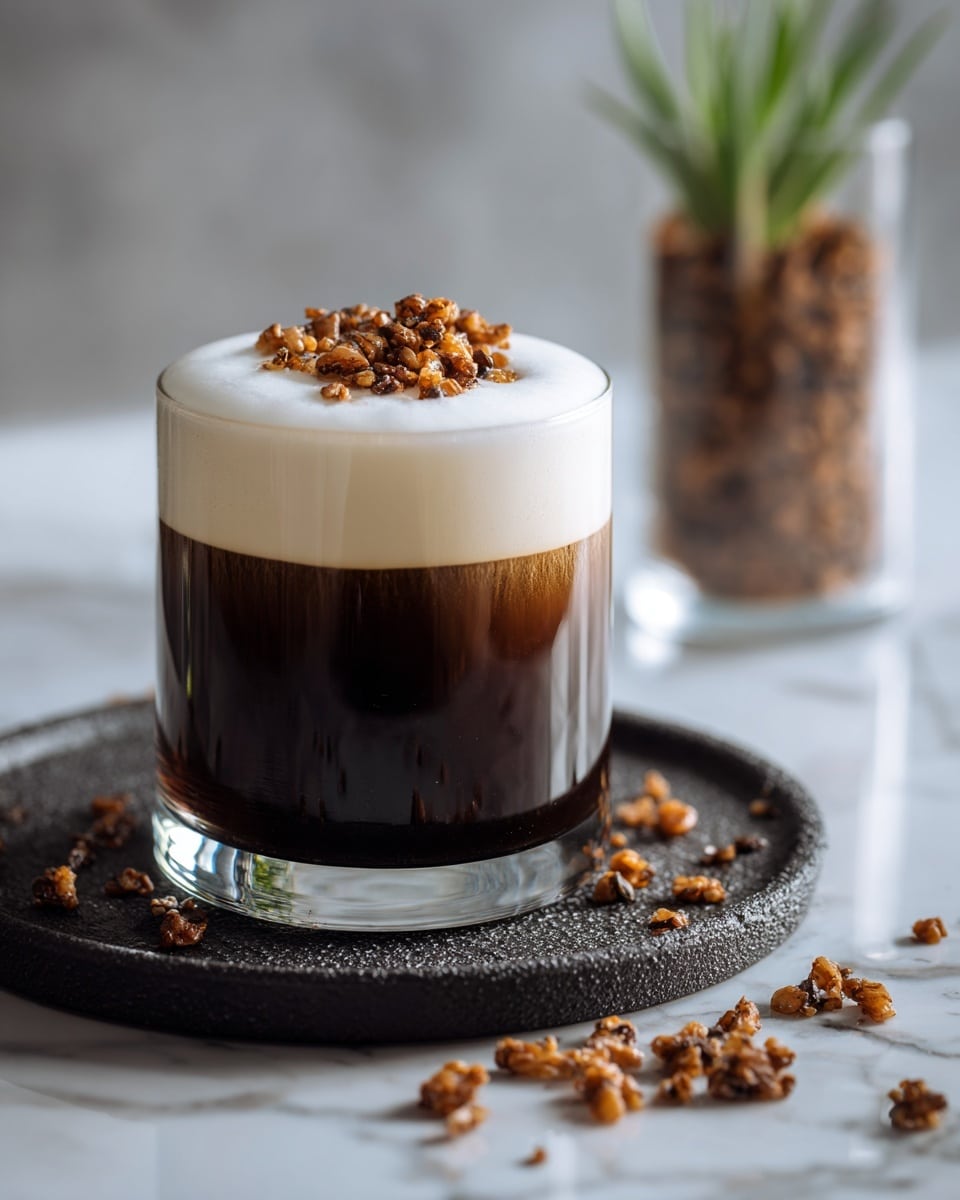 A clear glass filled with a dark brown textured drink forms the base layer, topped by a thick and smooth creamy white foam layer. On top of the foam, there are scattered small irregular-shaped light to dark brown crunchy pieces, creating a rough texture contrast. The glass is placed on a dark, round textured tray, with some more of the brown crunchy pieces spilled around it on a white marbled surface. In the background, out of focus, a tall narrow glass filled with more of the crunchy pieces and a small green plant add subtle color. photo taken with an iphone --ar 4:5 --v 7