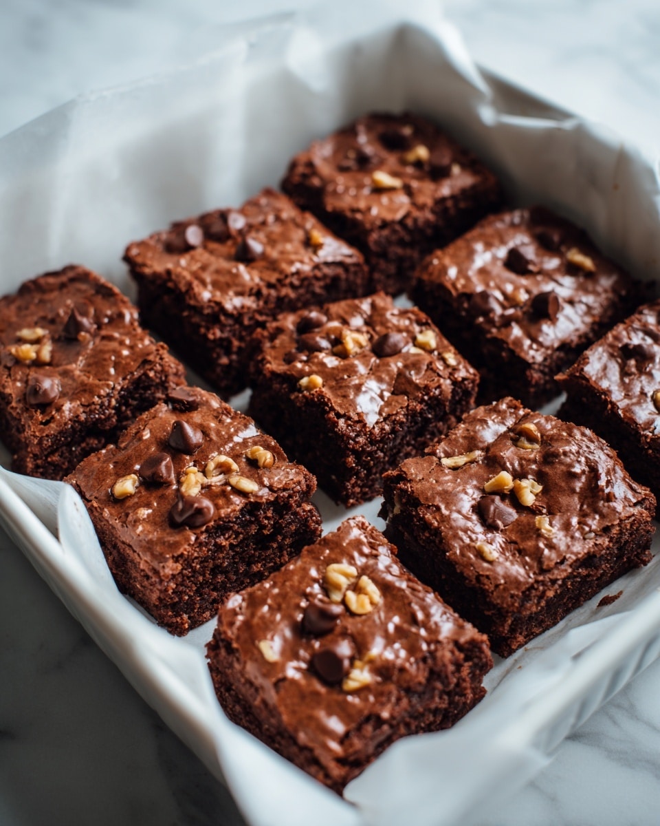 The image shows a white square baking dish filled with nine neat, square-cut chocolate chip bars. The bars have a glossy, smooth chocolate layer on top with visible chocolate chips scattered throughout the top and inside the bars. The texture of the bars looks chewy and slightly bumpy due to the chips inside. The background is a white marbled surface, and some green plants are blurred softly in the background. Photo taken with an iphone --ar 4:5 --v 7