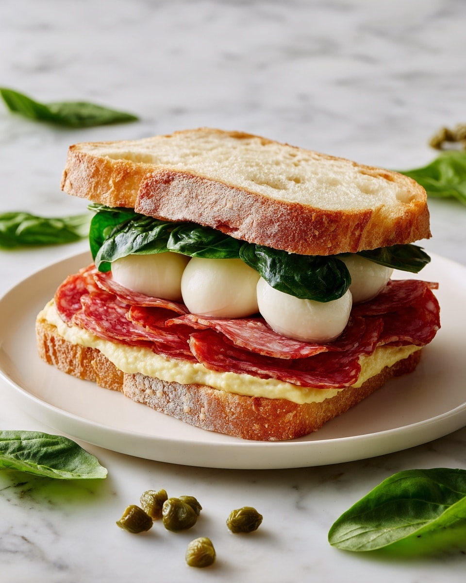 A sandwich with a top layer of light golden-brown crusty bread showing a soft, airy inside, followed by layers of thin reddish-pink salami slices with white fat spots gently folded over fresh dark green spinach leaves, and two smooth white mozzarella balls nestled on top of a thick spread of pale yellow hummus on the bottom bread layer. The sandwich sits on a white plate, placed on a white marbled surface with scattered green basil leaves and a few green capers next to it. photo taken with an iphone --ar 4:5 --v 7