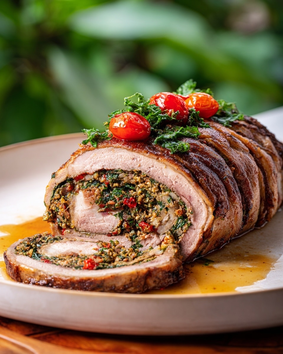 A close-up of two thick slices of rolled beef showing three clear layers: the outer layer is dark brown cooked meat with a slightly crispy texture, the middle layer is a pinkish tender cooked meat with visible muscle fibers, and the center has a spiral of bone surrounded by a multicolored seasoned filling with green, red, and brown specks. The top of the whole beef roll is garnished with finely chopped green herbs and halved red cherry tomatoes. The beef rests on a wooden board with some juice and herbs around it, all set on a white marbled texture background. Photo taken with an iphone --ar 4:5 --v 7