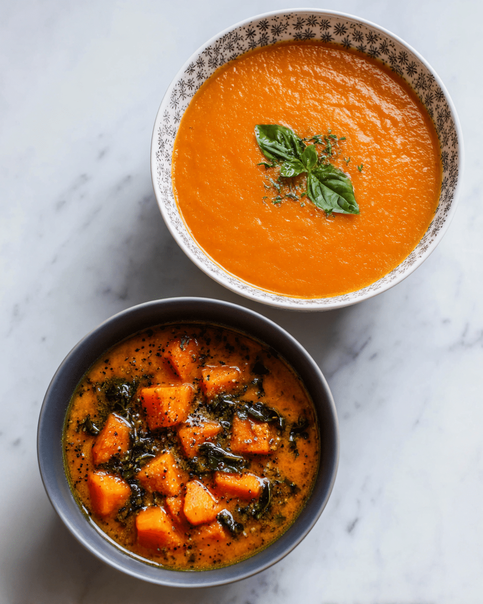 The image shows two bowls of roasted Italian sweet potato soup placed on a white marbled surface. The top bowl is white with a delicate grayscale pattern and is filled with smooth, thick orange soup. On top of the soup, there is a small green basil leaf and some sprinkled green herbs, adding color contrast. The bottom bowl is dark gray and holds a thicker soup with chunks of roasted orange sweet potato spread evenly across the surface. Around the potato pieces, dark green leafy vegetables and some seasoning flakes can be seen, giving a textured look to the soup. photo taken with an iphone --ar 4:5 --v 7