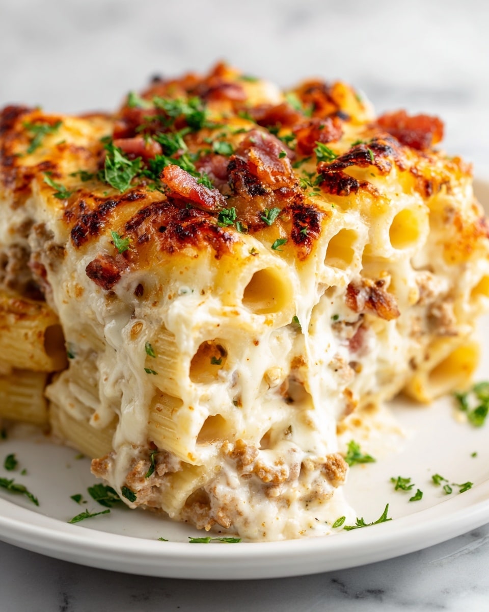A close-up of a white plate filled with baked cheesy pasta, showing three visible layers: the bottom layer is creamy white sauce with bits of cooked ground meat, the middle layer is rigatoni pasta standing upright covered in melted golden cheese, and the top layer is bubbly browned cheese with crispy small pieces of cooked bacon and green parsley sprinkled lightly. The texture of the pasta looks soft and gooey, with sauce dripping down the sides. The photo is taken on a white marbled surface. Photo taken with an iphone --ar 4:5 --v 7