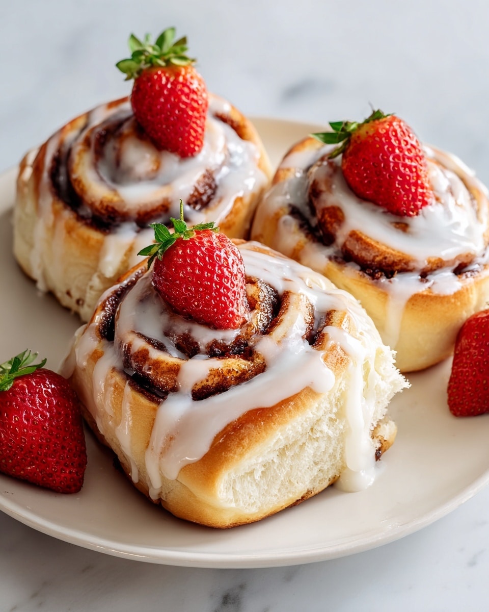 Three cinnamon rolls with glazed icing are close together on a white plate, each topped with a bright red strawberry. The rolls have a golden-brown crust and visible swirls of cinnamon filling inside. The white icing drips slowly down the sides, creating a smooth contrast to the textured dough. The strawberries sit in the center of each roll, adding a fresh, glossy touch. The plate rests on a white marbled surface, giving a clean and bright backdrop to the warm pastries. photo taken with an iphone --ar 4:5 --v 7