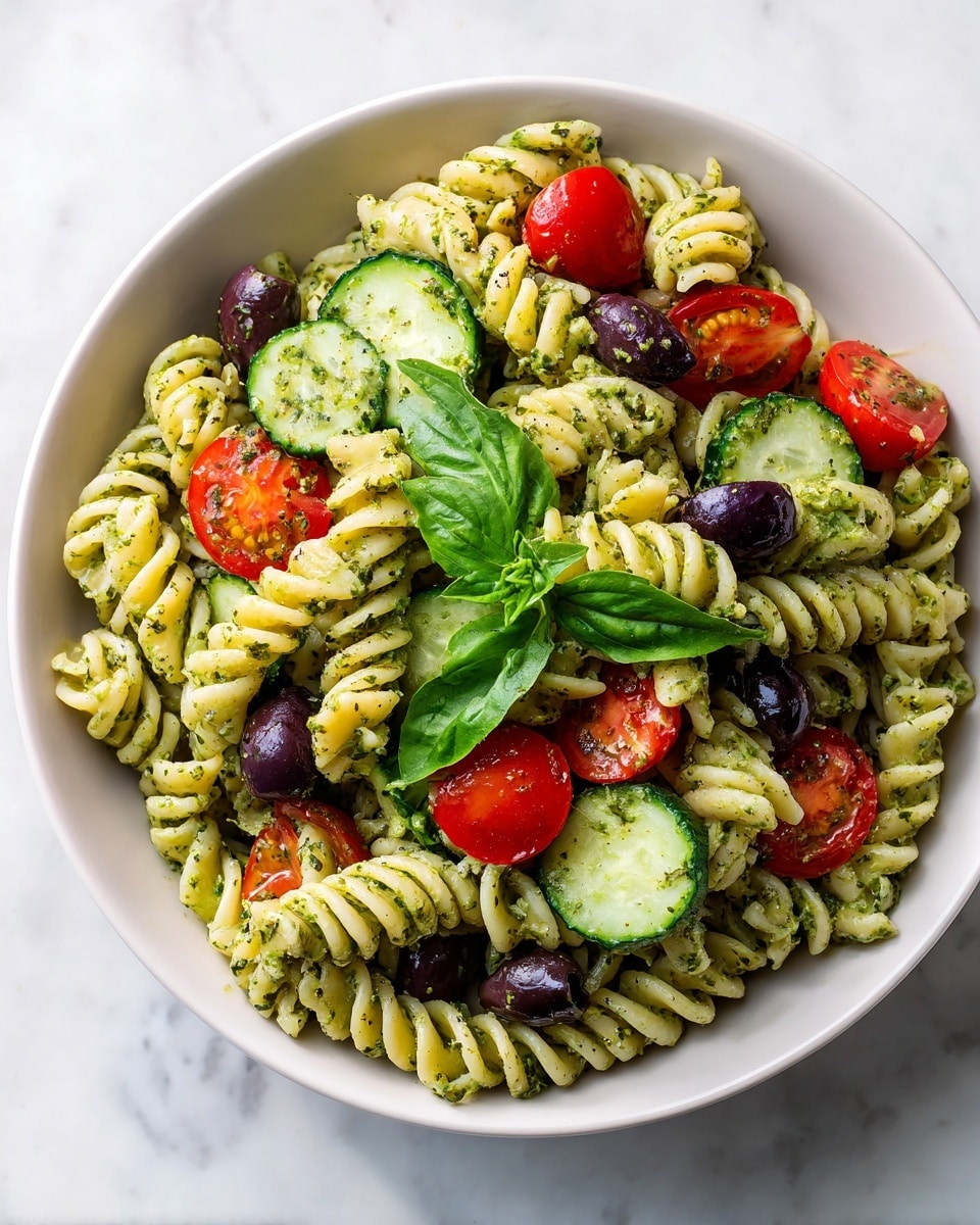 A white bowl filled with a colorful pasta salad featuring three main layers: the bottom layer of pale yellow rotini pasta coated lightly with a green pesto sauce, the middle layer of bright red cherry tomato halves and dark purple olives scattered evenly, and the top layer of thin, round slices of light green cucumber along with fresh bright green basil leaves, all resting on a white marbled surface. photo taken with an iphone --ar 4:5 --v 7