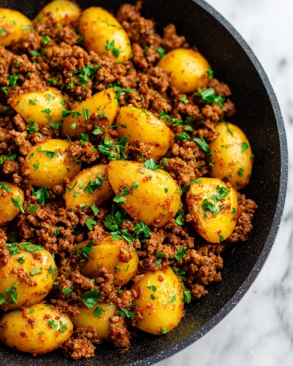 A close-up of a black pan filled with cooked ground meat and golden brown potato pieces cut into halves and quarters, mixed evenly throughout. The meat is crumbly and dark brown, while the potatoes have a slightly crispy, shiny surface, showing some seasoning. Scattered green herb pieces are sprinkled on top, adding a fresh contrast to the warm tones. The pan sits on a cloth with a black and white checkered pattern and the background features a white marbled texture. photo taken with an iphone --ar 4:5 --v 7