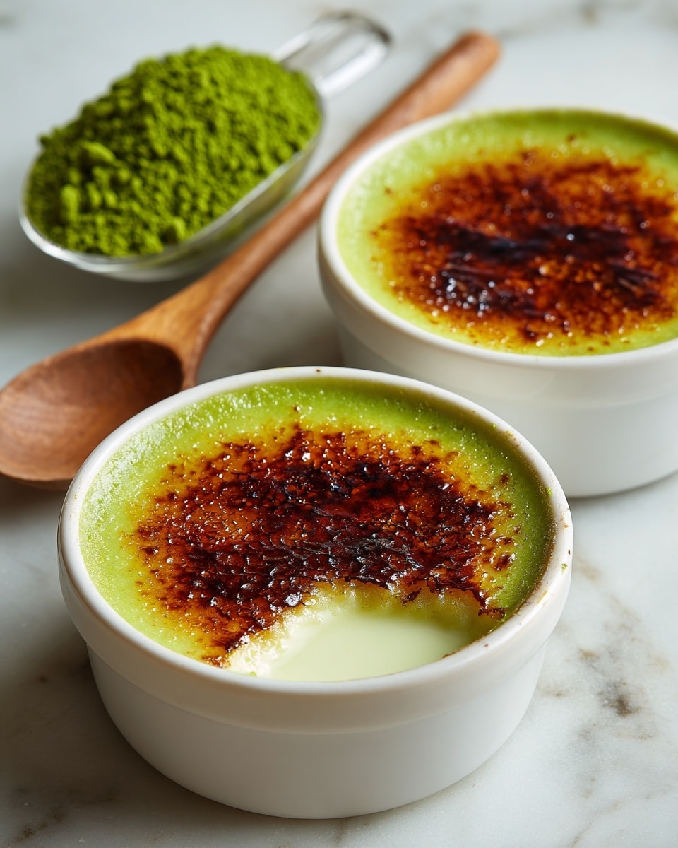 The image shows two white ramekins filled with a creamy green custard base topped with a thin, crispy caramelized layer that has a shiny, dark golden-brown color and a crackled texture. The front ramekin has a piece of the caramelized top partially lifted, revealing the smooth, light green custard underneath. Behind the ramekins, there is a small clear scoop filled with green powder and a wooden spoon resting on a white marbled surface. The overall look is fresh with contrasting textures and warm tones in the caramel layer against the cool green custard. photo taken with an iphone --ar 4:5 --v 7
