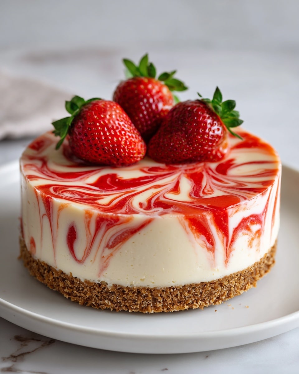 A round cheesecake sits on a white plate, showing two clear layers: a bottom crumbly brown crust and a thick top creamy white layer swirled with red patterns that look like strawberry sauce. The top layer has a smooth, shiny texture with vibrant red and white swirls. Three whole fresh strawberries with bright red skin and green leaves are placed on top as decoration. The scene is set on a white marbled surface, and soft natural light highlights the rich colors and textures of the cake. photo taken with an iphone --ar 4:5 --v 7