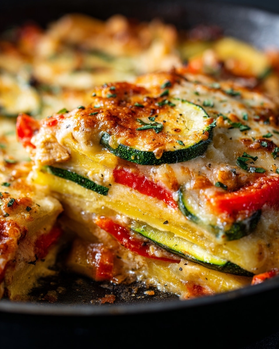 A close-up view of a cooked pizza in a white pan, showing a colorful mix of toppings arranged in layers. The bottom layer is a golden-brown crust, covered by melted white cheese with slightly browned spots. On top of the cheese, slices of green zucchini, yellow bell pepper, and red tomatoes are scattered evenly, providing a fresh and bright color contrast. The cheese looks gooey and mixed with herbs, giving the pizza a rich texture. The background shows a white marbled surface. Photo taken with an iphone --ar 4:5 --v 7
