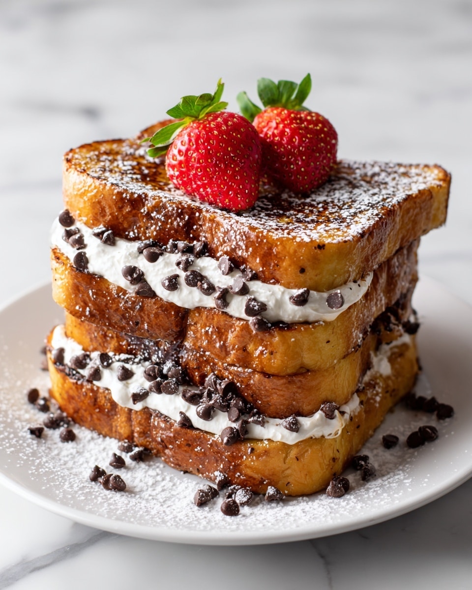 A white plate with three thick slices of toasted bread stacked slightly crooked in two layers, each slice has a golden-brown crunchy texture. The toast is topped with creamy white whipped cream spread generously between the layers and on top. Dark chocolate sauce drizzles over the toast, pooling slightly on the plate. Fresh whole strawberries with bright red color sit on the top, balanced by small dark chocolate chunks scattered around. The plate is dusted with powdered sugar, contrasting softly against the chocolate and the warm toast. The background is a white marbled texture. Photo taken with an iphone --ar 4:5 --v 7