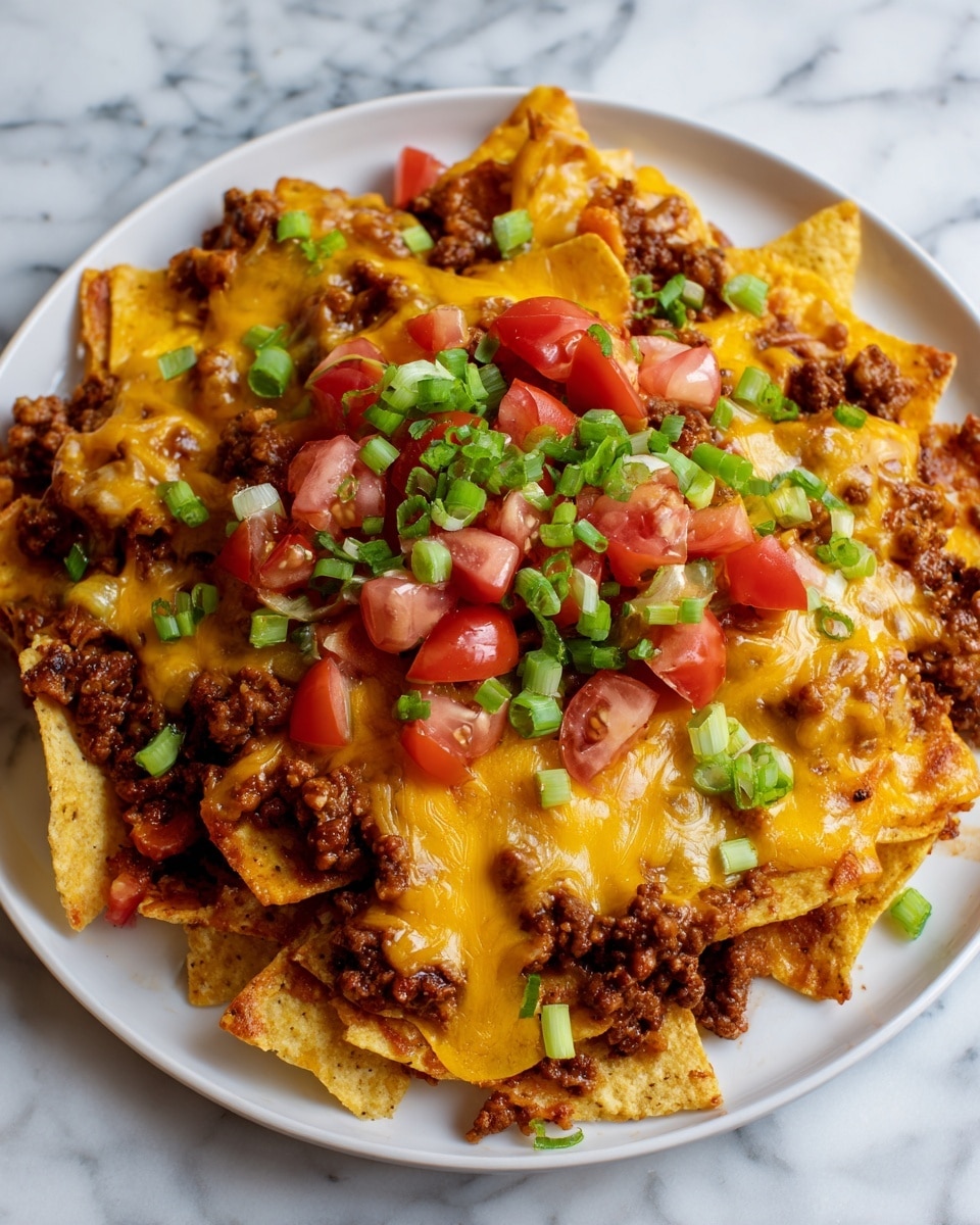 A white rectangular dish filled with three layers of food: the bottom layer is crispy, golden brown, and thin, resembling nachos or taco chips; the middle layer is a chunky, dark brown ground beef mix spread evenly; the top layer shows melted yellow cheddar cheese covering the beef with scattered diced red tomatoes, white onions, and green chopped scallions all sprinkled over the cheese. The overall look is colorful with reds, greens, and yellows contrasting against the brown and golden base, all placed on a white marbled surface. photo taken with an iphone --ar 4:5 --v 7