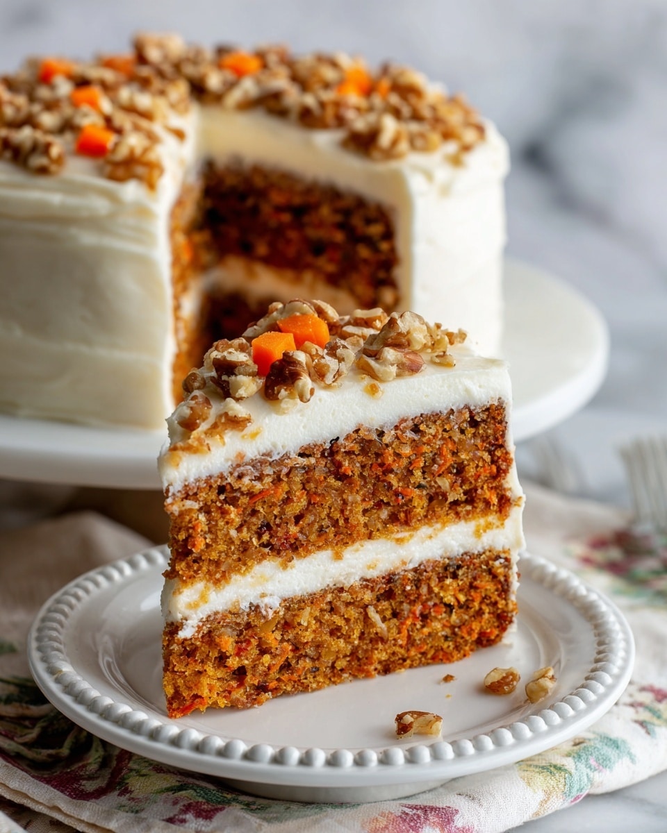 A two-layer carrot cake is shown with a thick, creamy white frosting covering the top and between the layers. The cake layers have a moist, textured orange-brown color with small visible carrot bits. On top, there are chopped walnuts and small pieces of bright orange carrot as decoration. The cake sits on a white plate with a slight scalloped edge on a white marbled surface. A slice is cut out, revealing the smooth creamy filling inside and the soft crumb of the cake. photo taken with an iphone --ar 4:5 --v 7