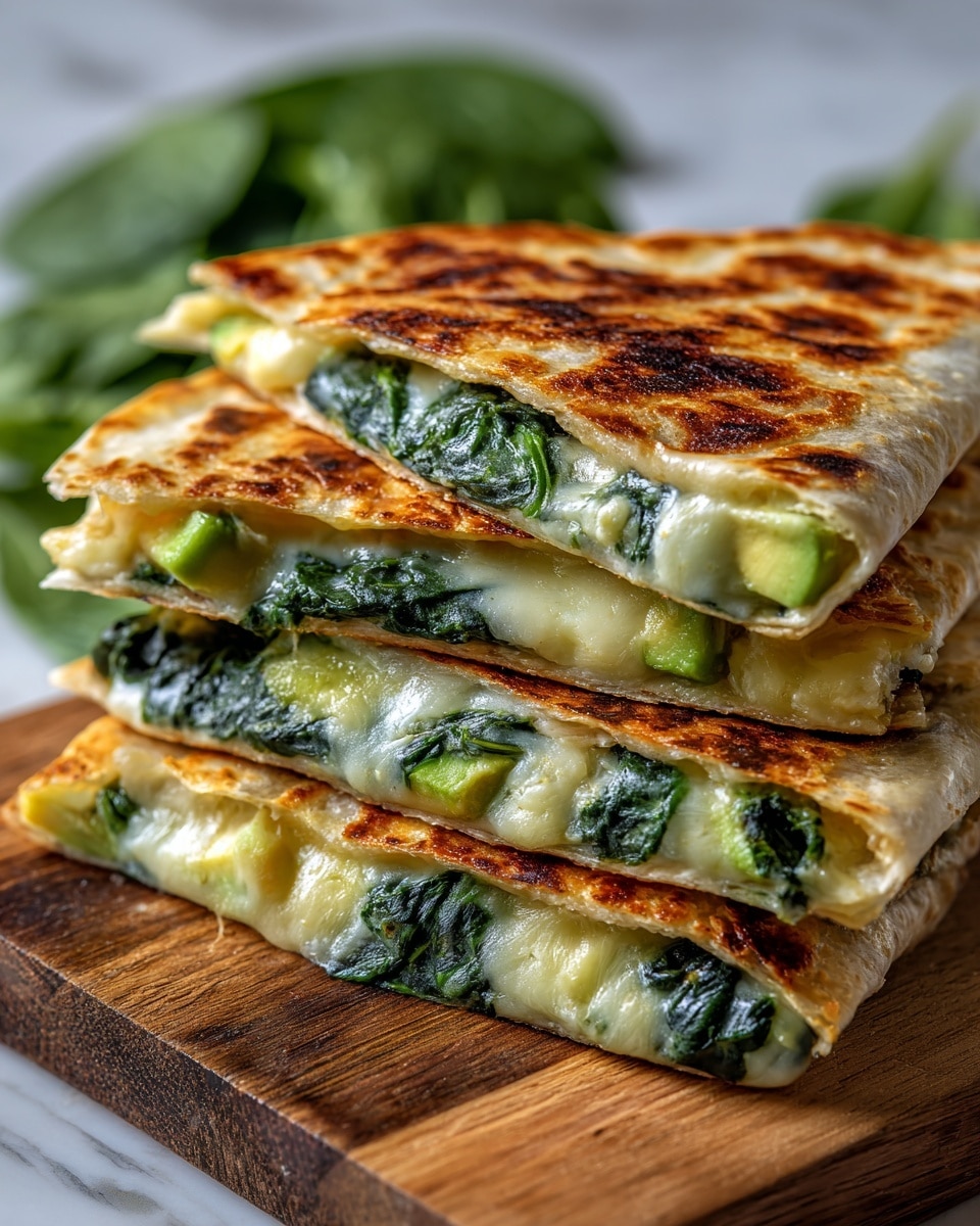 A quesadilla cut into four pieces, made of two layers of golden-brown toasted tortillas with visible crispy spots. Between the tortillas, there are two layers of creamy melted cheese mixed with cooked, dark green spinach leaves and small chunks of avocado. The quesadilla is placed on a wooden board with some green spinach leaves in the background, all set on a white marbled textured surface. photo taken with an iphone --ar 4:5 --v 7