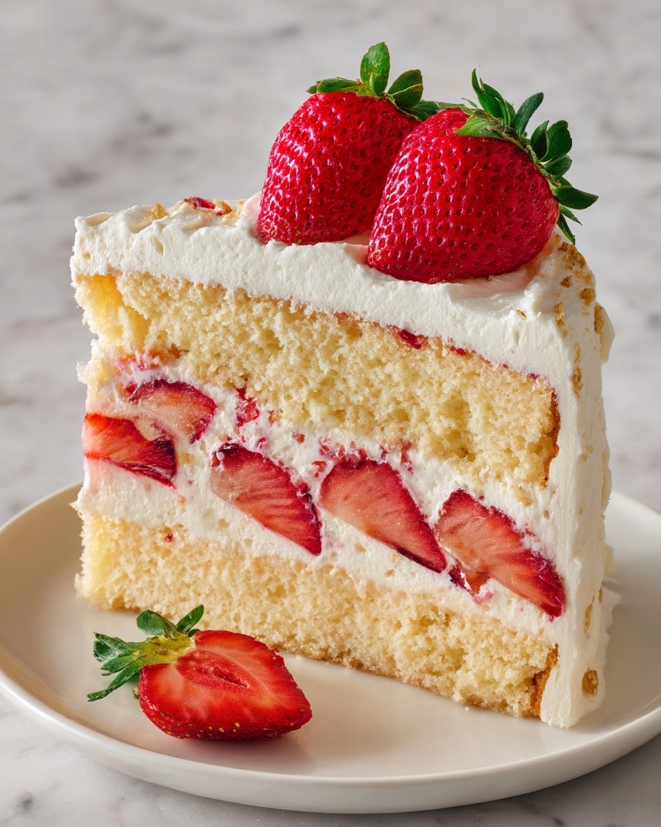A close-up view of a slice of strawberry shortcake featuring two layers of light yellow sponge cake with a soft, crumbly texture. Between the layers is a thick layer of creamy white frosting mixed with sliced red strawberries that have a juicy, slightly translucent look. The top is covered with a smooth layer of white frosting, adorned with a whole ripe strawberry and a halved strawberry showing its bright red inside and green leaves on a white plate, set on a white marbled surface. photo taken with an iphone --ar 4:5 --v 7