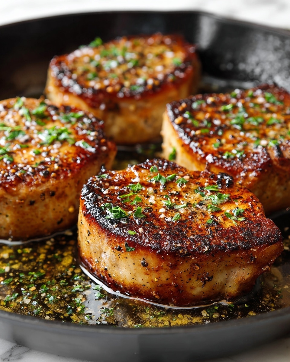 The image shows thick, juicy pork chops cooking in a pan, each piece with a golden brown, crispy crust on the outside. The pork chops are speckled with coarse salt, black pepper, and small bright green herbs sprinkled evenly across the top. The meat’s surface looks moist and slightly oily with a shiny glaze from cooking juices. The background is a white marbled texture, and the focus is on the one pork chop in the foreground, with other equally browned chops blurred softly behind it. photo taken with an iphone --ar 4:5 --v 7