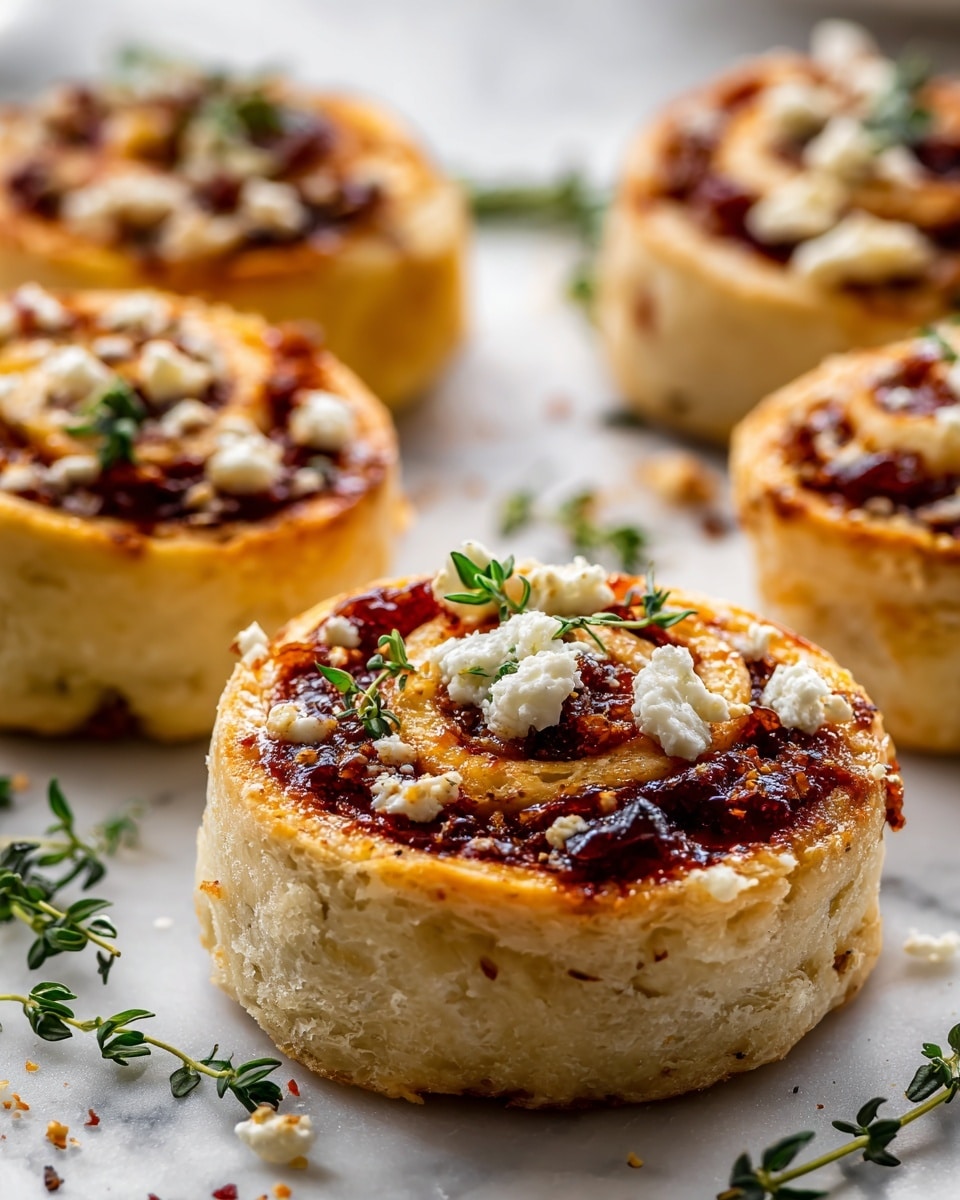 The image shows a close-up of small round baked snacks, each made of golden-brown bread rolled into a spiral with several visible layers. Inside the spiral is a deep red layer of what looks like a thick jam or sauce, topped with crumbled white cheese and small green herb leaves, especially thyme, scattered on top and around the snacks. The outer bread appears light and fluffy with a slightly crispy crust, and the snacks are placed on a white marbled surface with some loose herbs nearby. The whole photo has a warm, inviting tone and sharp focus on the front snack. photo taken with an iphone --ar 4:5 --v 7