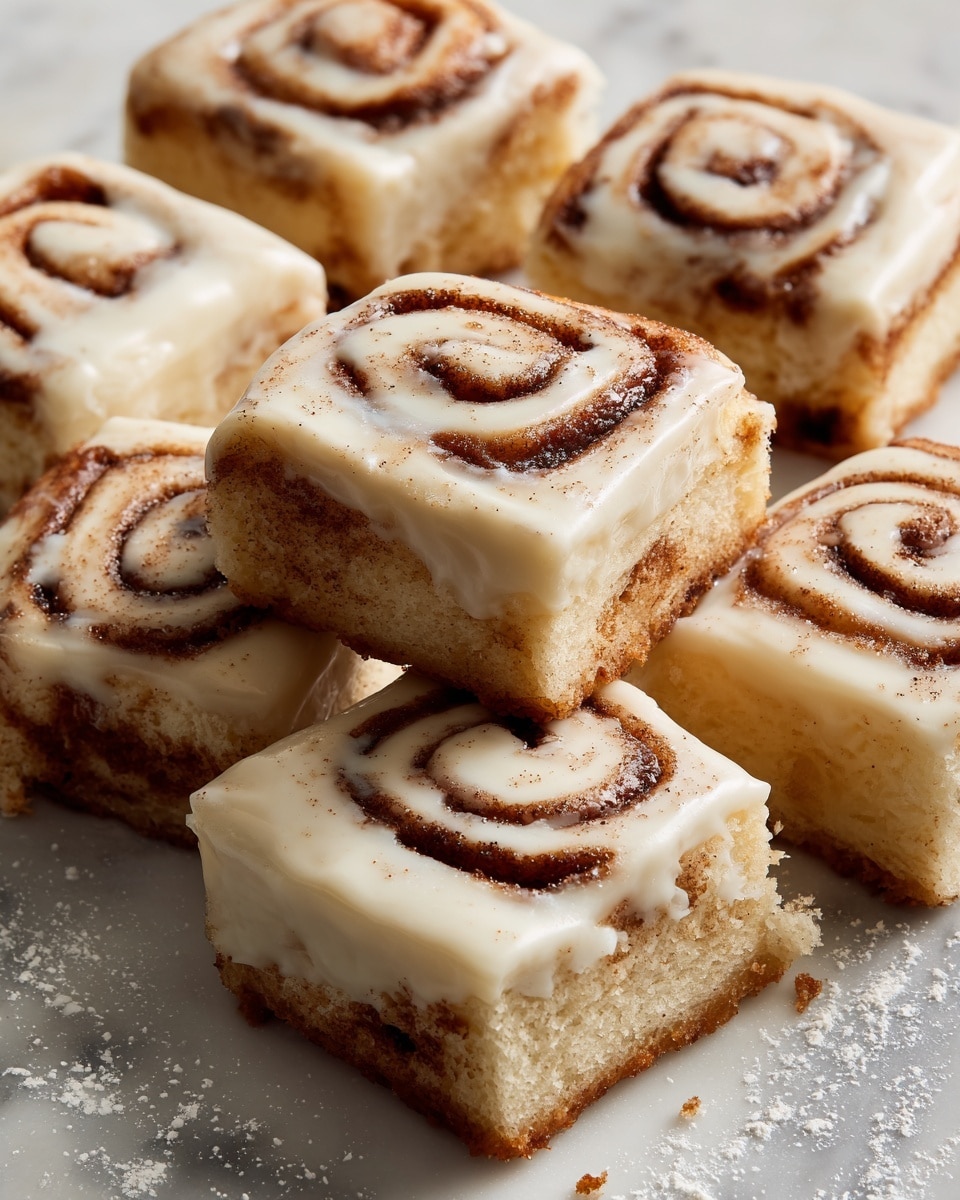 The image shows close-up of several small square cinnamon roll fudge pieces stacked on a white marbled surface dusted with powdered sugar. Each piece has two main layers: a creamy off-white fudge base and a darker brown cinnamon swirl that spirals on the top and marbled through the middle. The fudge texture looks smooth and soft, while the cinnamon swirls are fine and evenly spread. The squares have clean, sharp edges, and the lighting highlights the glossy, slightly shiny surface of the fudge. Photo taken with an iphone --ar 4:5 --v 7