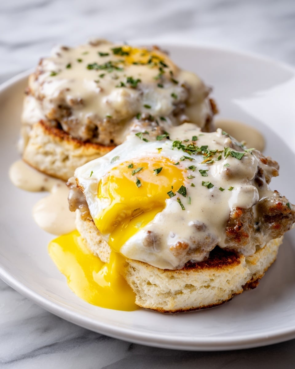The image shows two biscuits split open and topped with creamy sausage gravy, each biscuit covered with thick white sauce loaded with small bits of sausage. Over the gravy on each biscuit, there is a bright yellow runny fried egg with the yolk slightly broken and oozing down the sides. Small green herb pieces are sprinkled on top for color contrast. The biscuits and toppings sit on a round white plate, and the plate is placed on a white marbled surface. Photo taken with an iphone --ar 4:5 --v 7