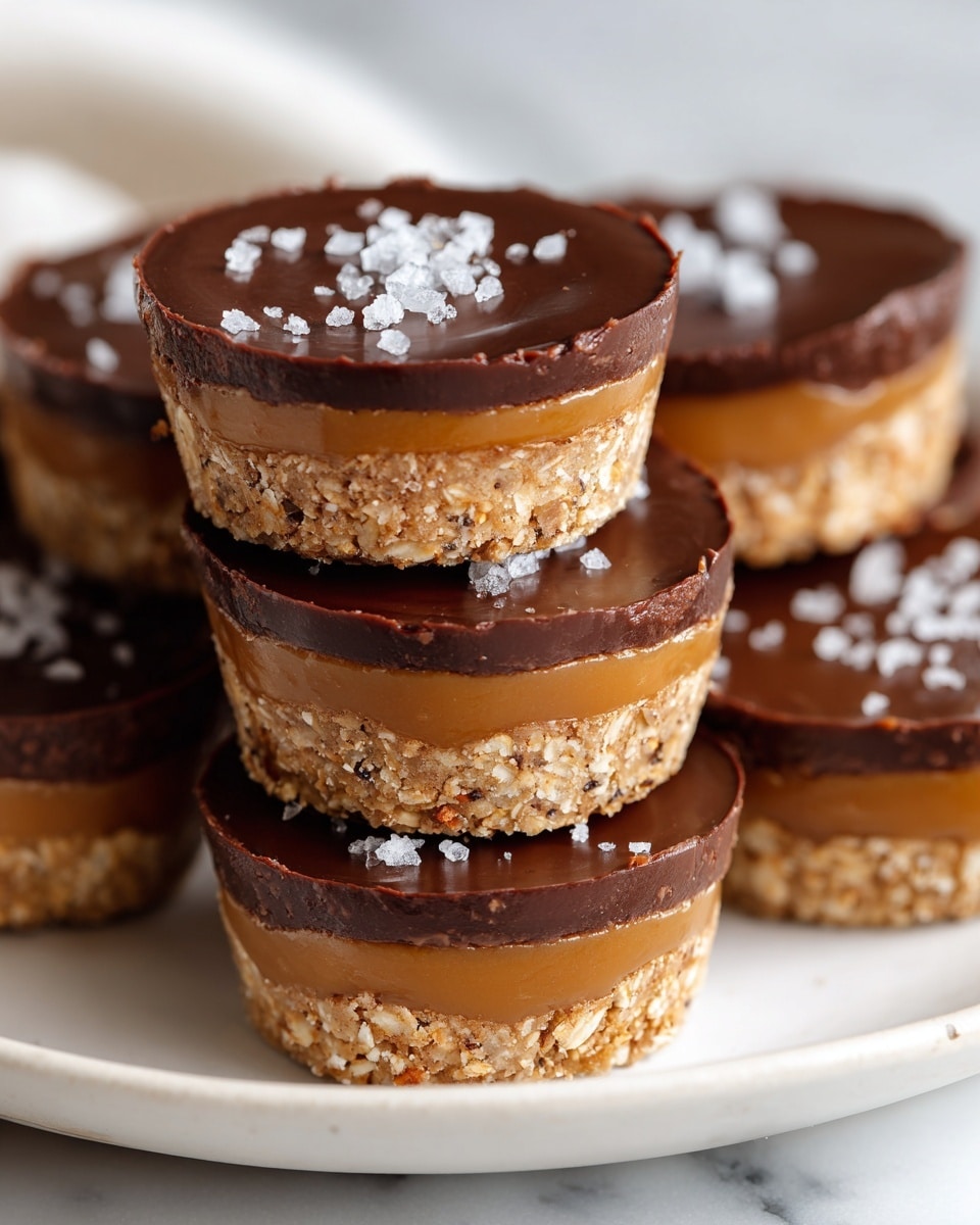 The image shows several stacked mini tartlets with three distinct layers. The bottom layer is a crumbly light brown base, textured with bits of oats or nuts. The middle layer is a smooth, thick caramel with a warm tan color, slightly glossy. The top layer is a rich, dark chocolate ganache, shiny and smooth, covering each tartlet fully. A few tartlets have coarse sea salt flakes sprinkled on the chocolate, adding texture and contrast. They are placed on a white plate on a white marbled surface. Photo taken with an iphone --ar 4:5 --v 7
