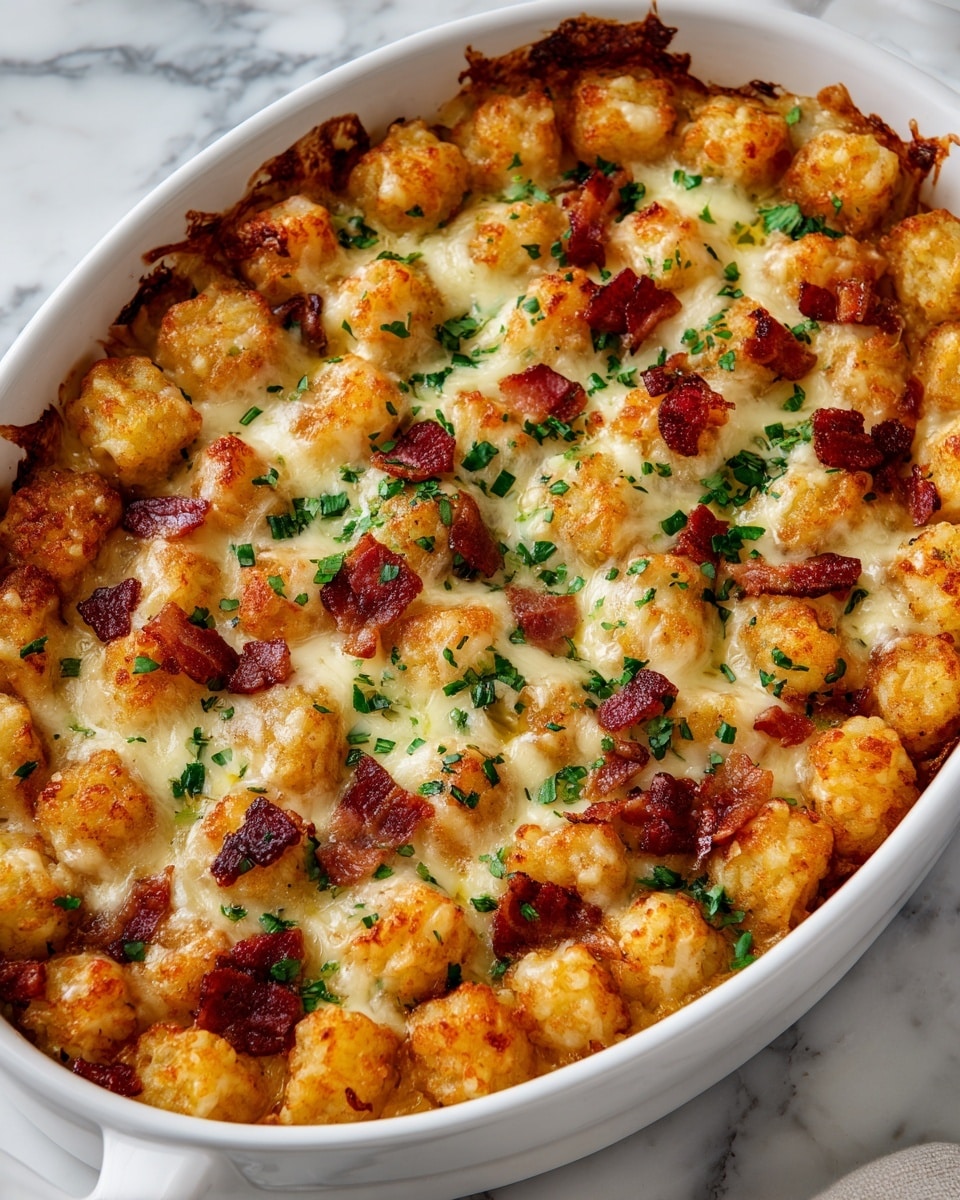 A white pan filled with a baked dish showing a top layer of golden-brown melted cheese that is bubbly and slightly crispy around the edges. Underneath, golden tater tots are spread evenly, some browned from baking. Small bits of cooked bacon are scattered across the top, adding texture and color with their reddish-brown hue. Fresh chopped green herbs are sprinkled lightly over everything, contrasting with the warm yellow and brown tones. The surface underneath the pan has a white marbled texture. photo taken with an iphone --ar 4:5 --v 7