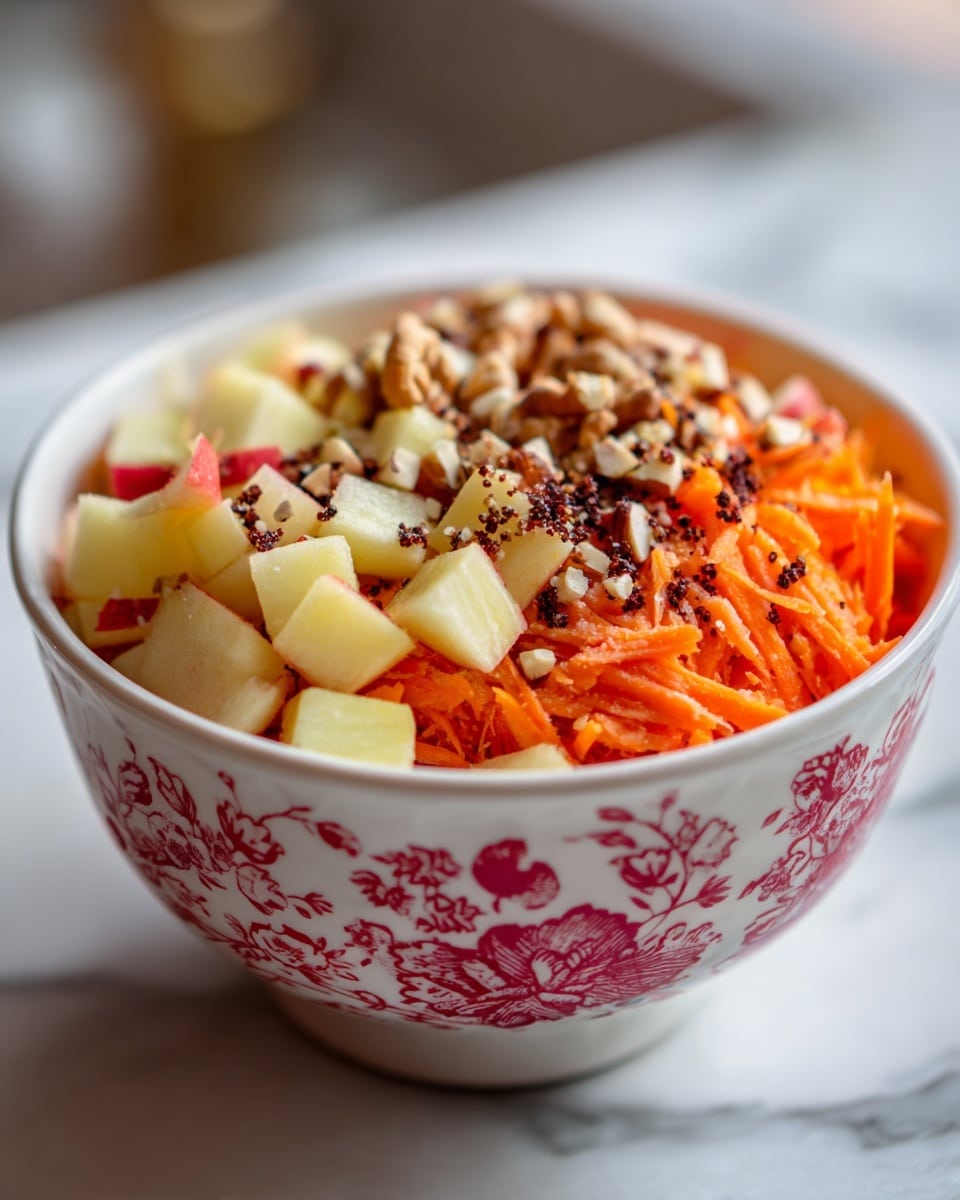 A white bowl with brown patterns holds a colorful salad made of three layers. The bottom layer is shredded bright orange carrots, the middle layer contains small cubes of pale yellow apples, and the top layer is sprinkled with dark raisins and chopped walnuts. A woman's hand is about to hold the bowl on a white marbled surface in the background. The photo is clear and warm, showing the fresh texture of the ingredients, photo taken with an iphone --ar 4:5 --v 7